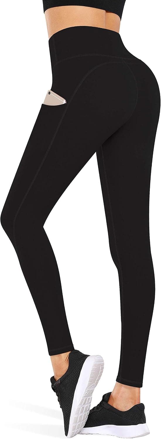 TQD High Waist Yoga Pants, Yoga Pants with Pockets Tummy Control Workout Pants 4 Ways Stretch Pocket Leggings Black