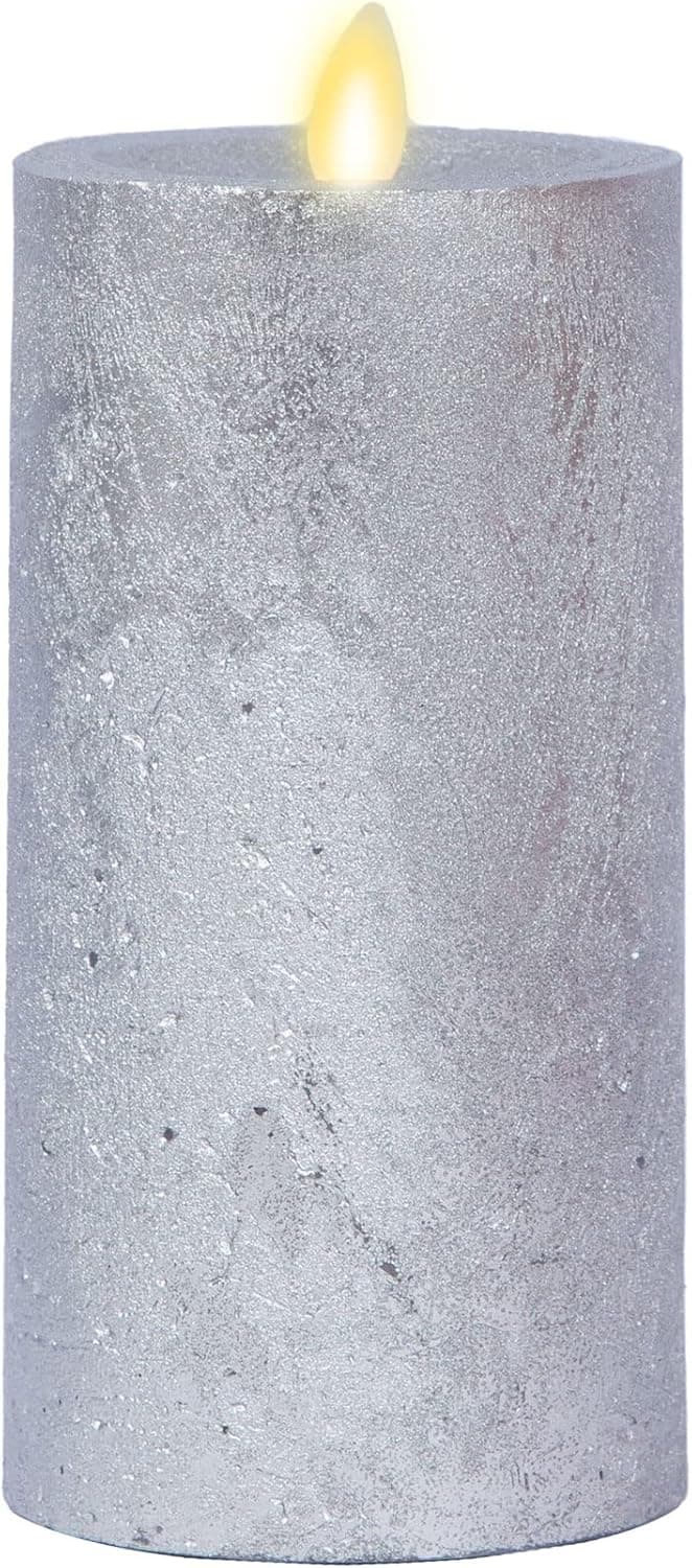 Luminara Realistic Artificial Flame Frosted Silver Metallic Glitter Candle (3 x 6.5-inch) Moving Flame LED Battery Operated Lights - Unscented - Remote Sold Separately