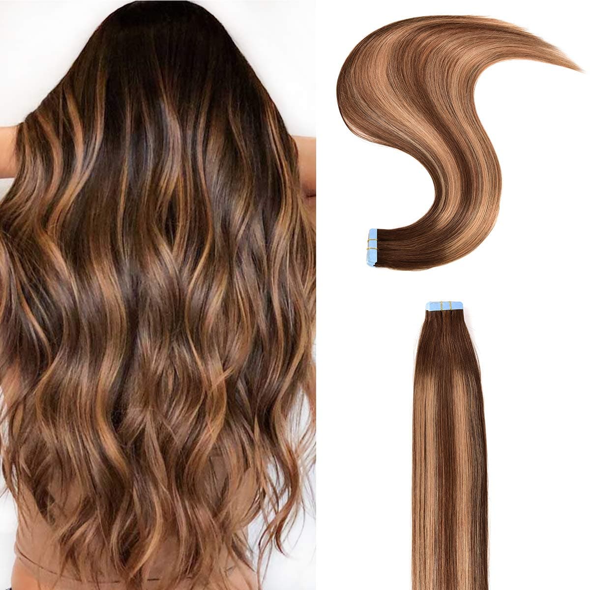 AMABAOBAO Tape in Hair Extensions Remy Human Hair 16 inches 50g 20pcs Chocolate Brown mixed caramel blonde #4/27/4 Straight Seamless Skin Weft Tape Hair Extensions with 12 Pieces Replacement Tape
