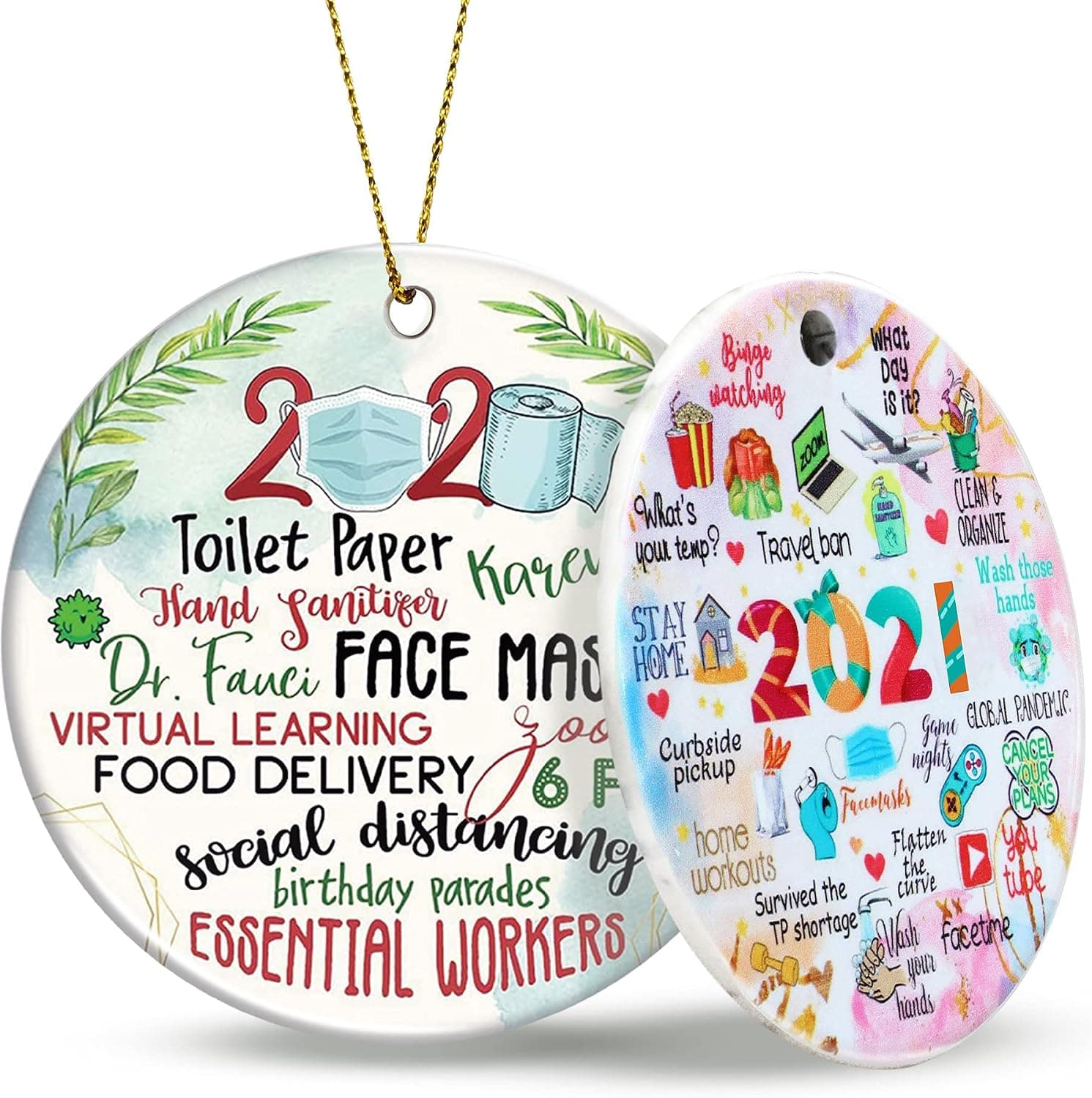 BTYSUN 2021 Christmas Ornaments Funny Xmas Decorations Round Ceramic Pandemic Christmas Decorations for Tree Ornament Gift for Family Two-Side Printed Home Decor