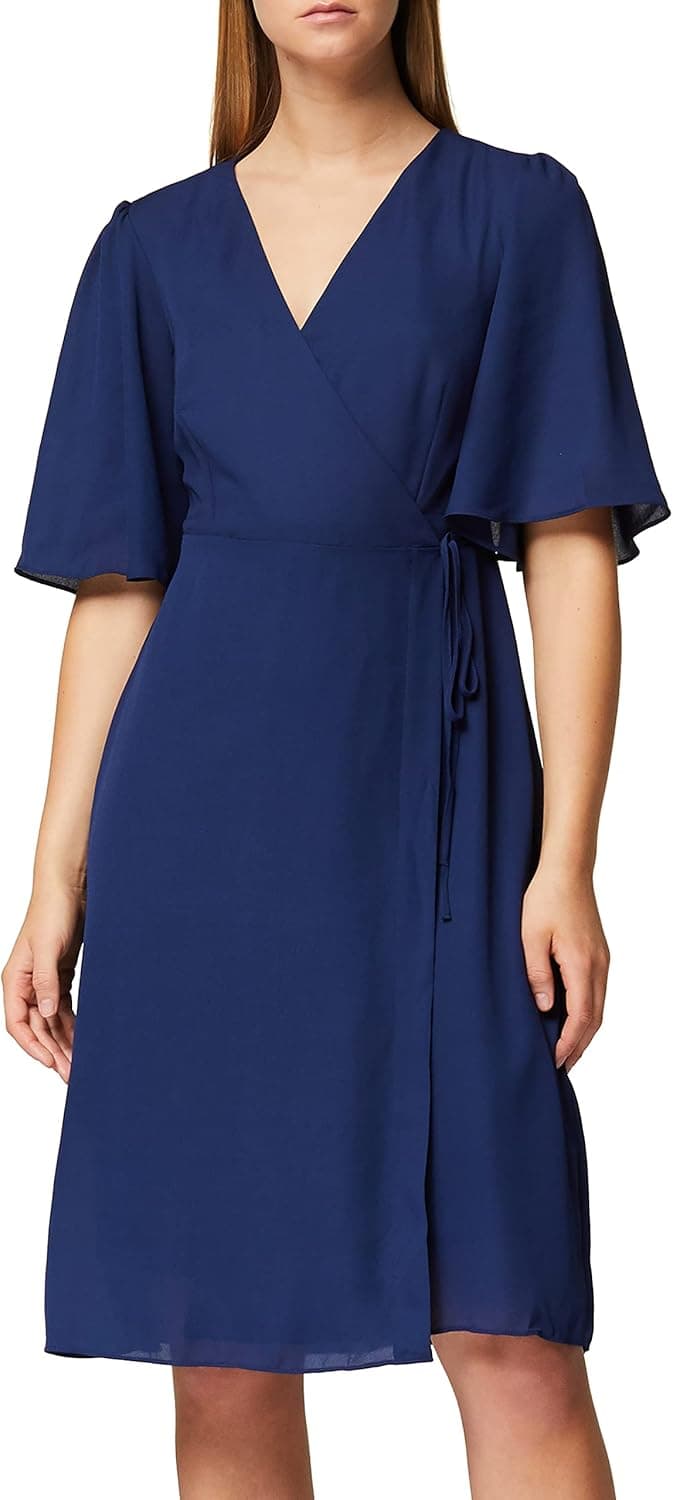 Amazon Brand - Truth & Fable Women's Mini Chiffon Wrap Dress With Bell Sleeves