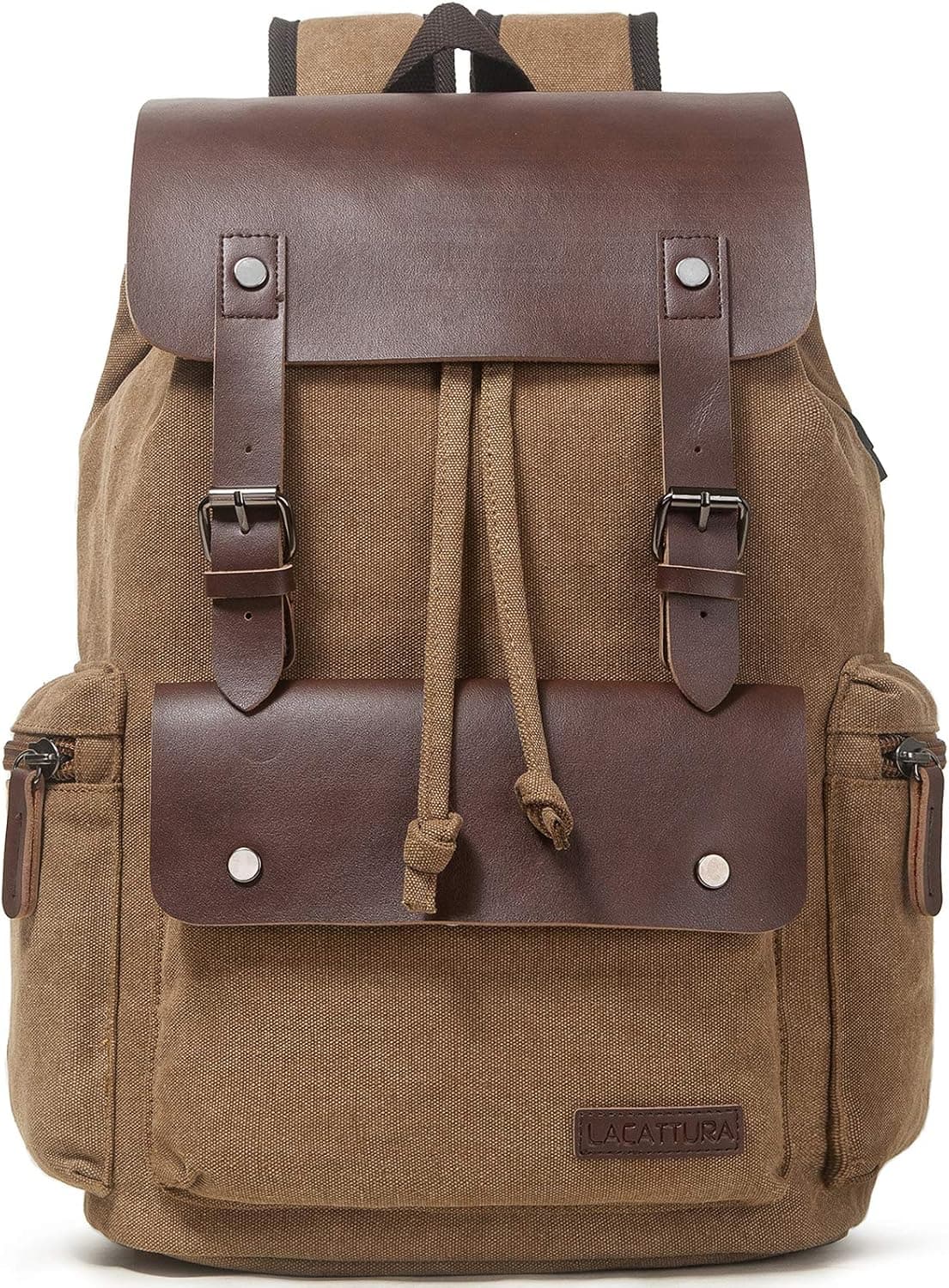 LACATTURA Vintage Leather Backpack for Men & Women, Denim Canvas Laptop Rucksack