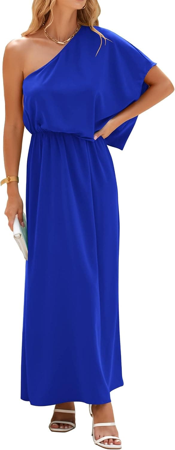 KIRUNDO Women's One Shoulder Beach Vacation Batwing Sleeve High Split Party Cocktail Maxi Dresses