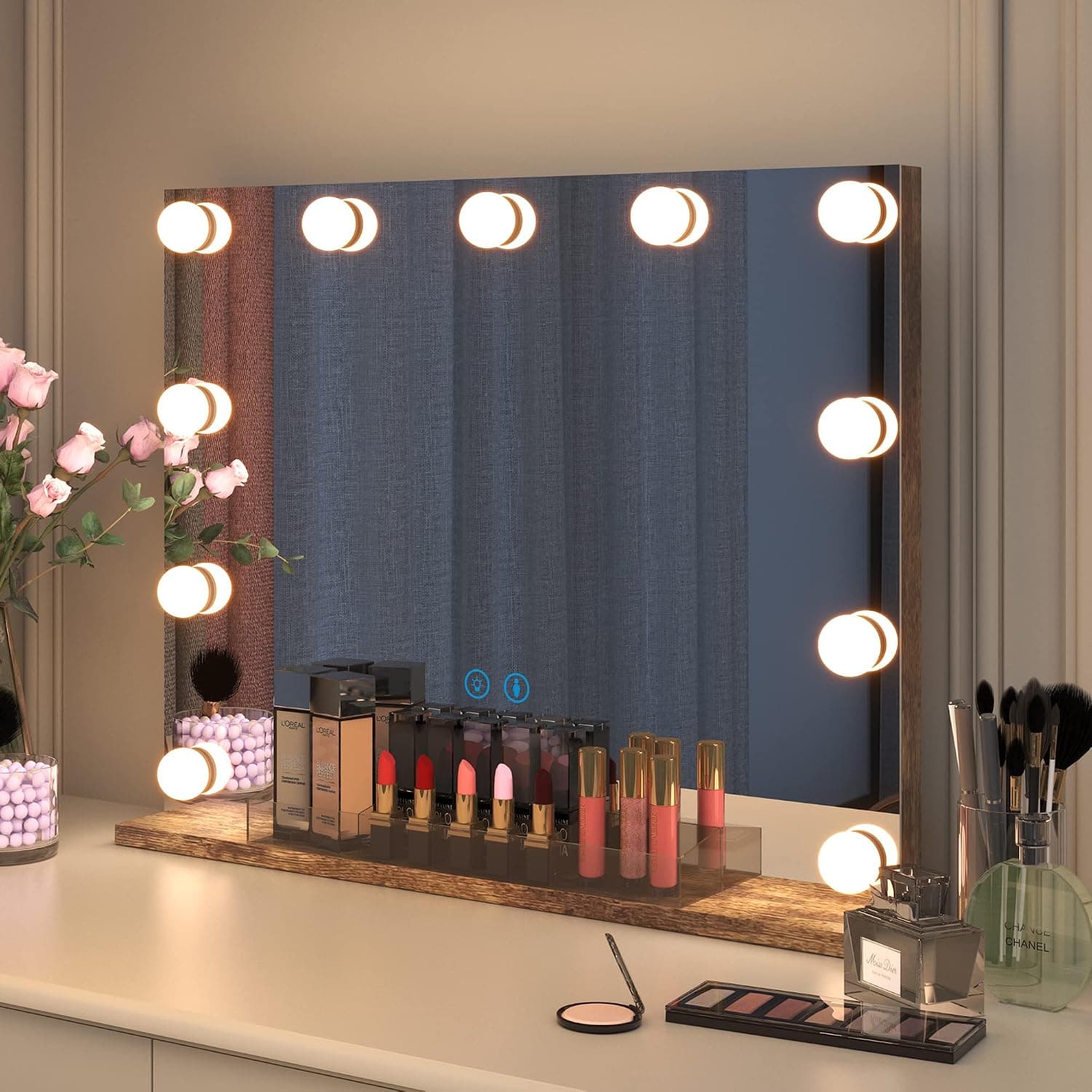Ylued Vanity Mirror Makeup Mirror with Lights, Hollywood Lighted Mirror with 11 Dimmable LED Bulbs, 3 Color Lighting Modes, Large Desk Mirror with Smart Touch Control 23" W x 18" H, (Wood, Horizontal)