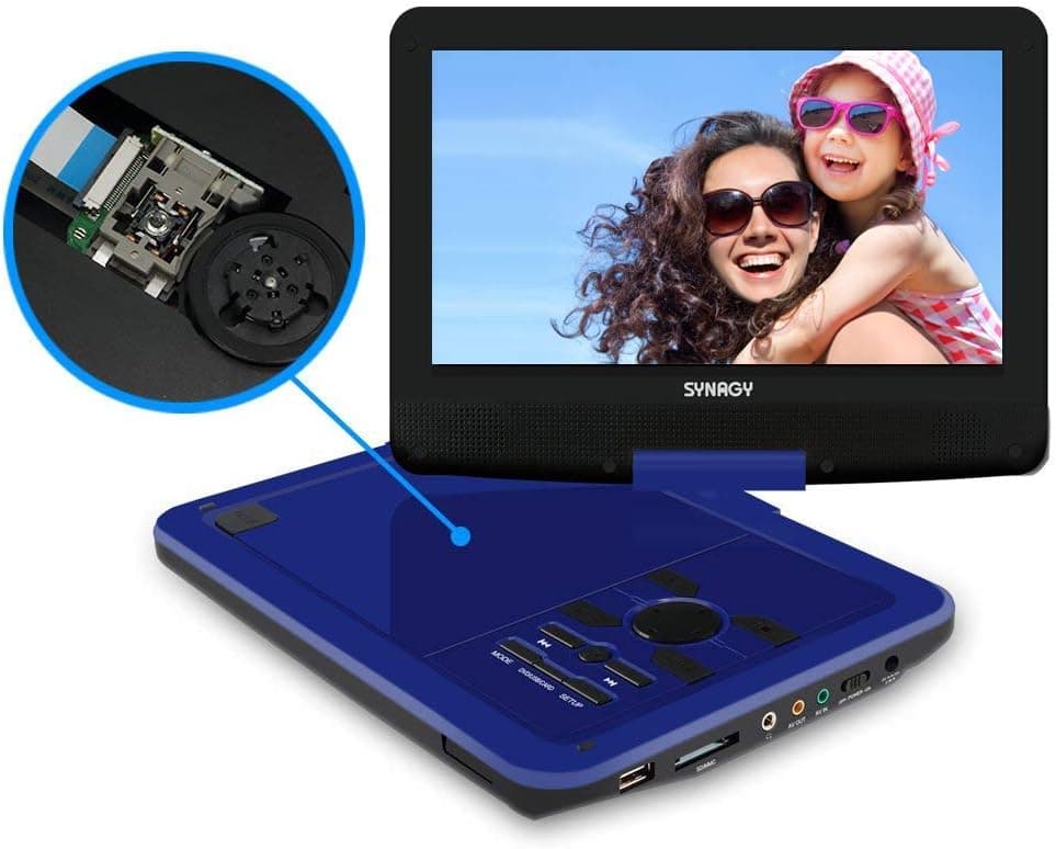 SYNAGY Portable DVD Player with 10.1 Inch HD Swivel Screen, Remote Control, with Built-in Rechargeable Battery，Support CD/DVD/VCD/SD Card/USB,with Power Off Resume Function (Blue)