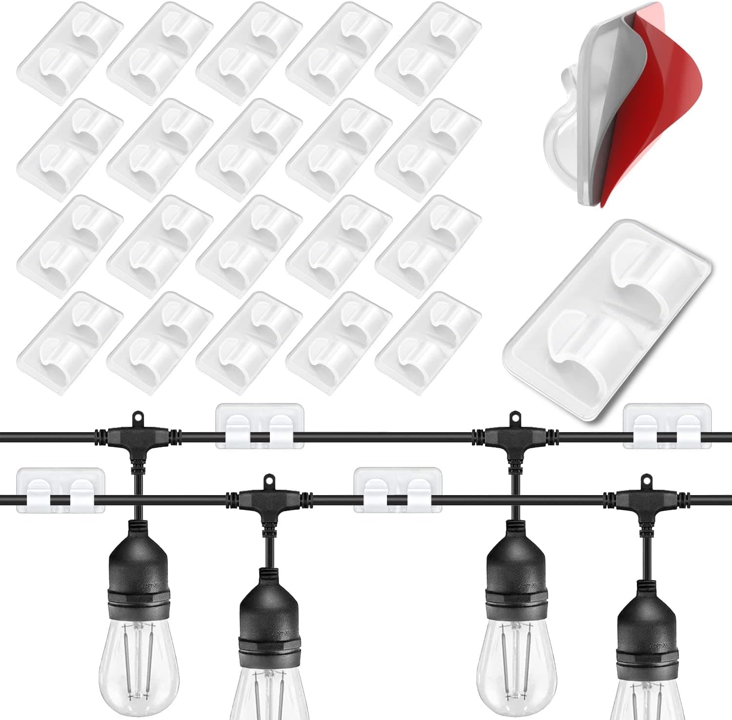 Outdoor Light Clips: 20 Clips Clear - Hooks for Outdoor String Lights - Adhesive Waterproof Strips Outdoor Light Clips for Patio Hanging Heavy Duty Gutter Outside Fence Window Christmas Decorate