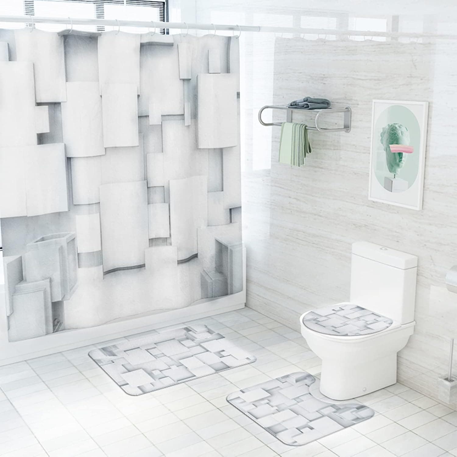 Bathroom Set with Shower Curtain and Rugs Non-Slip Bath Mat Toilet Lid Cover 12 Hooks Grey Cube 4-Piece Decor Accessories