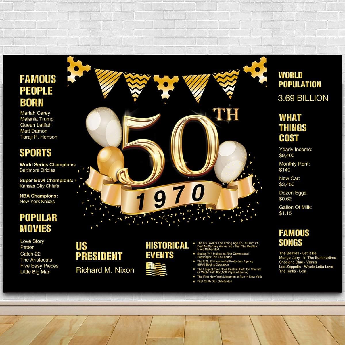 Agantree Art 50th Birthday Photography Backdrop | 50th Anniversary Decorations | 1970 Sign | 50th Birthday Black Gold Party Decoration
