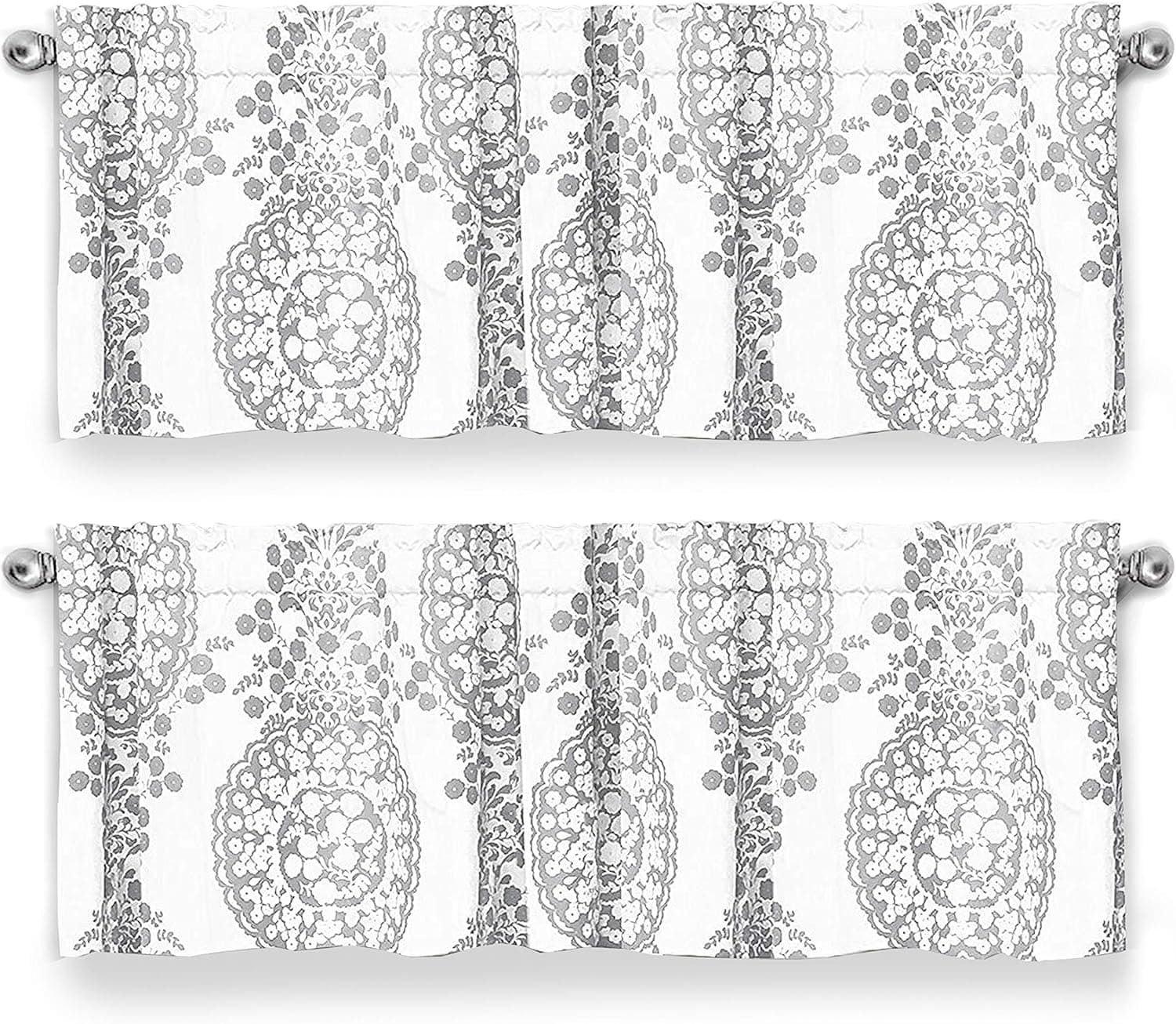 DriftAway Samantha Floral Damask Medallion Pattern Valance Rod Pocket 2 Pack 52 Inch by 18 Inch Plus 2 Inch Header Gray