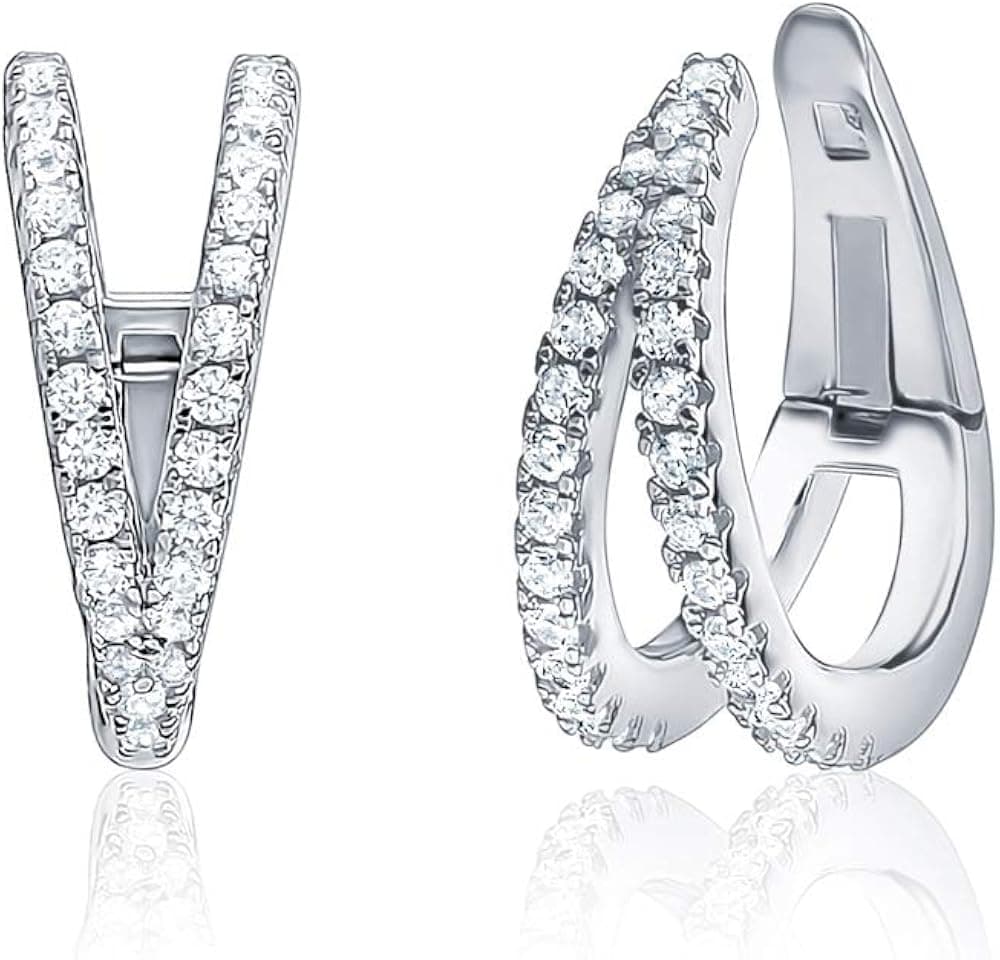 Sterling Silver Conch Huggie Hoop Earrings Tapered Double Row Simulated Diamonds Cartilage Ear Cuff for Non Pierced Ears Hinged