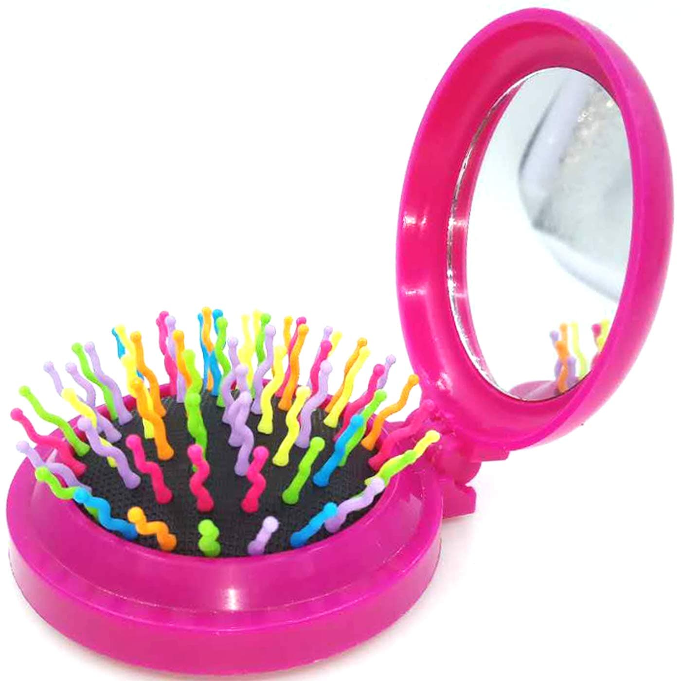 Mini Travel Makeup Comb Folding Hair Brush Gifts for Women Pocket Wet Magic Round Hair Comb Mirror (Pink)