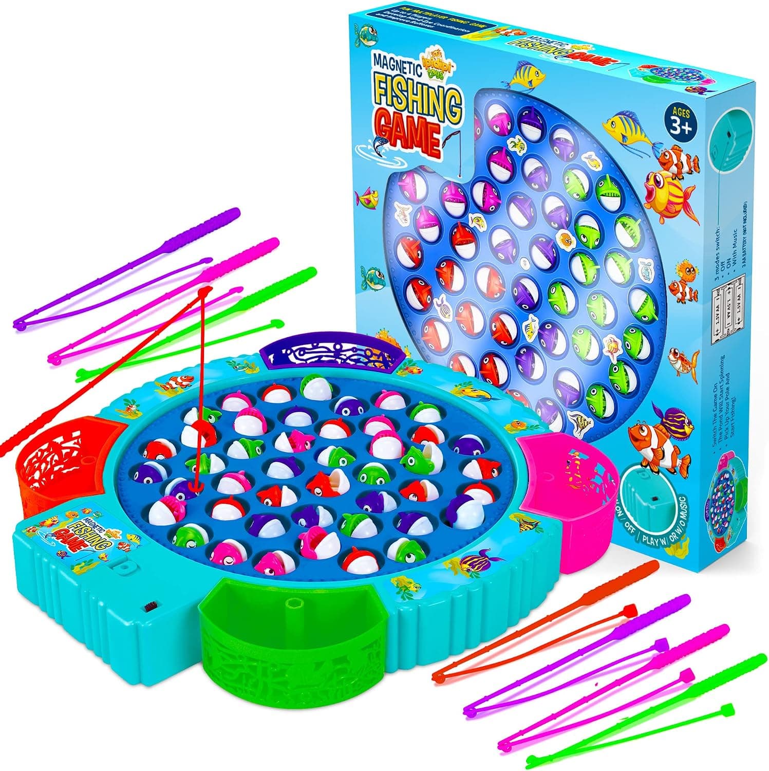 Fishing Game Play Set - 45 Magnetic Fish, 8 Poles & Rotating Board On-Off Music - Family Children Backyard Colorful Toy Games for Kids and Toddlers Age 3 and Up - Blue