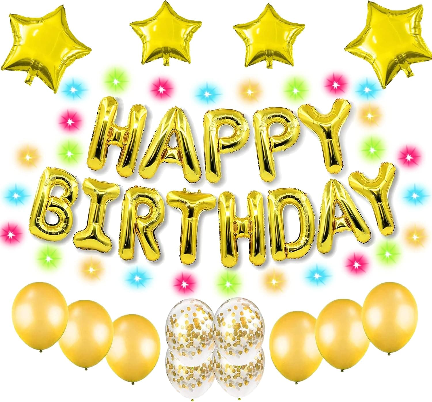 PINHUA Happy Birthday Balloons Banner Decorations Balloons Party Color LED Lights Banners with Star and letter Foil Balloons Latex and Confetti Balloons for Birthday Party Decorations Supplies(Gold)