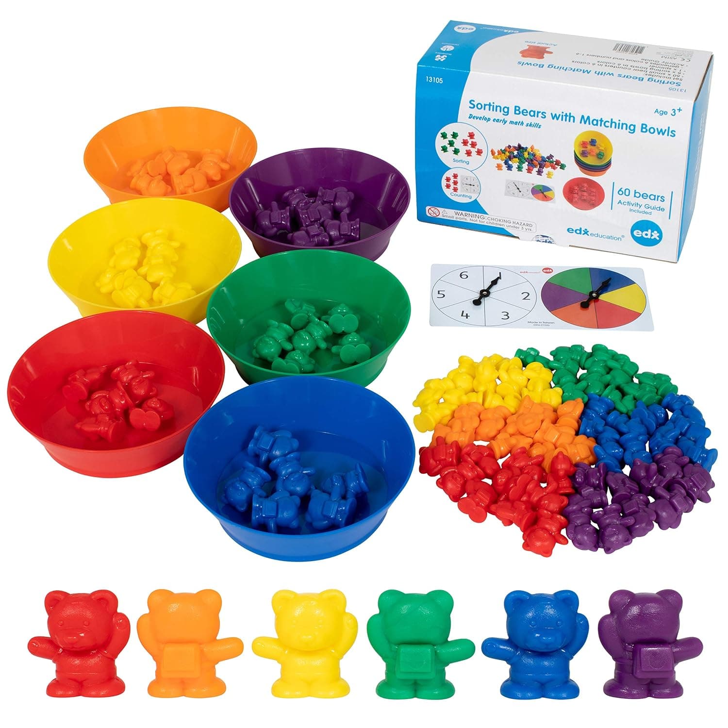 edxeducation Counting Bears with Matching Bowls - Early Math Manipulatives - 68pc Set - 60 Bear Counters, 6 Bowls & 2 Game Spinners - Home Learning