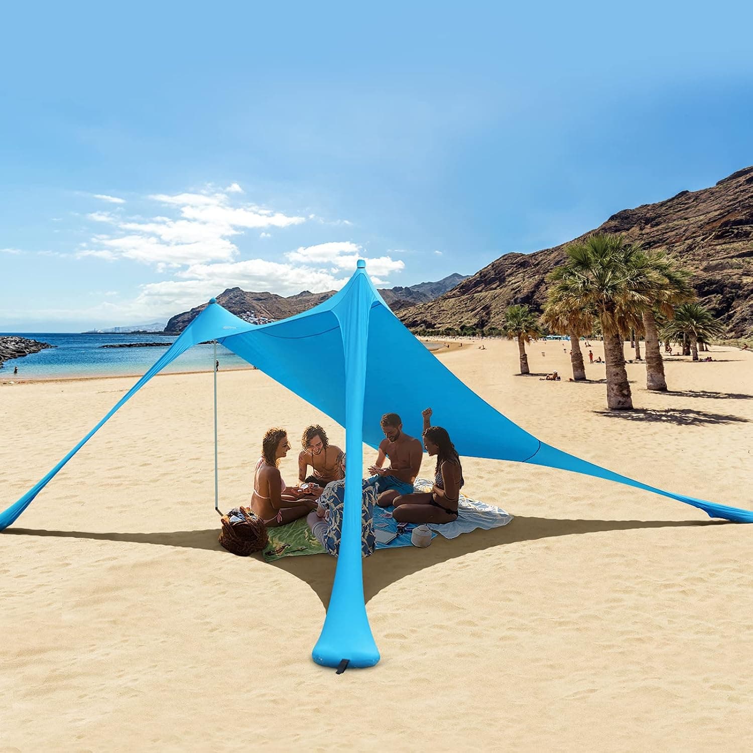 RESVIN Beach Tent, Sun Shelter UPF50+,Beach Sunshade Portable Lightweight 7ft x7ft Sun Shade, Outdoor Family Camping Fishing Picnics Tarp Canopy Tents with Sand Shovel, Ground Pegs, 2 Aluminum Poles