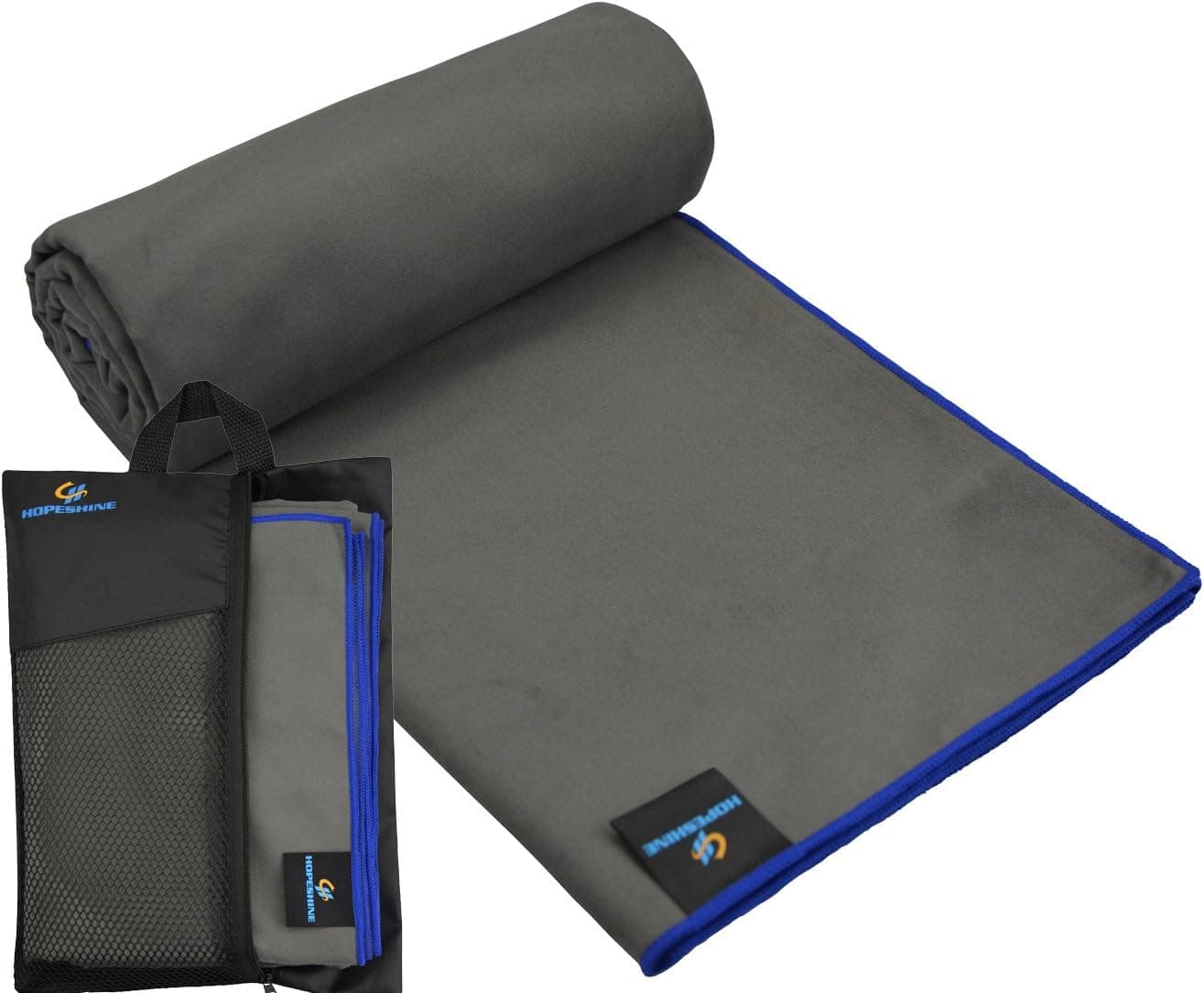 HOPESHINE Microfiber Travel Gym Towels Fast Drying Compact Beach Towel Light Weight Camping Towels Large Bath Sheet 40Inch X 72Inch with Mesh Bag Grey-Blue Edge