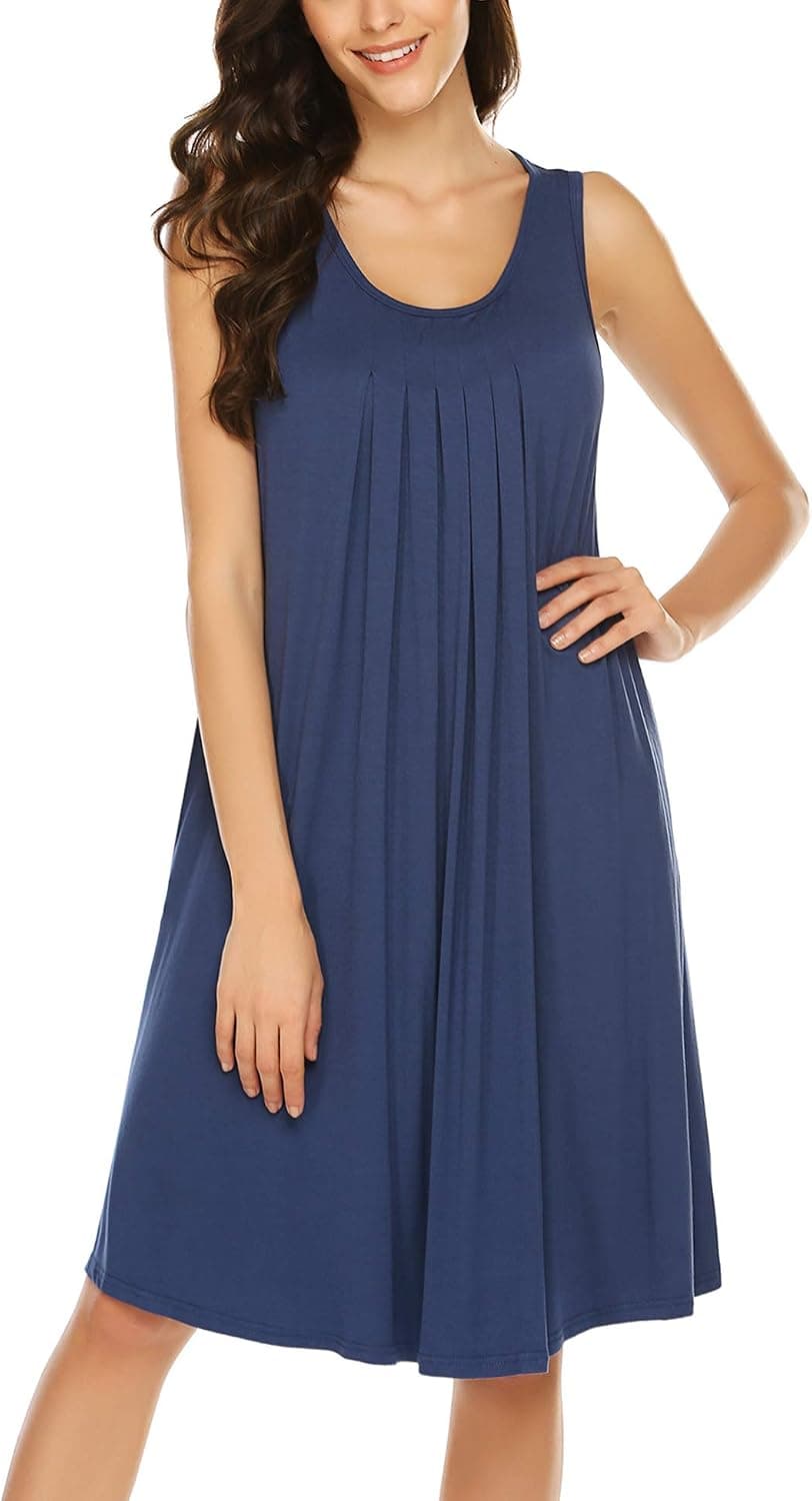 Hotouch Women's Sleepwear Sleeveless Nightgowns Pleated Tank Top Gown Round Neck Chemise Side Pockets S-XXXL