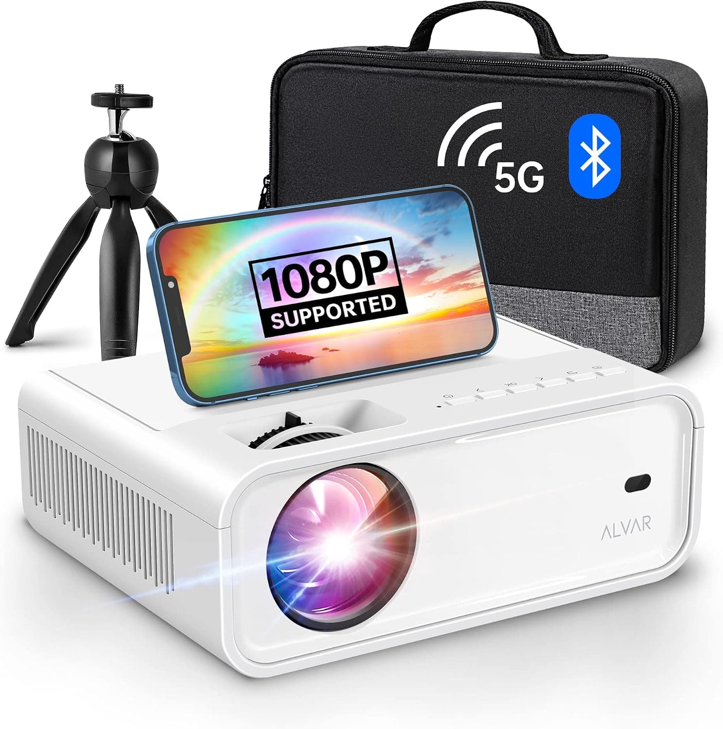 Mini Projector with 5G WiFi and Bluetooth W/Tripod & Bag, ALVAR 9000 Lumens Portable Outdoor Movie Projector 240" Display & 1080P Supported, Compatible with TV Stick/HDMI/VGA/USB/iOS & Android…