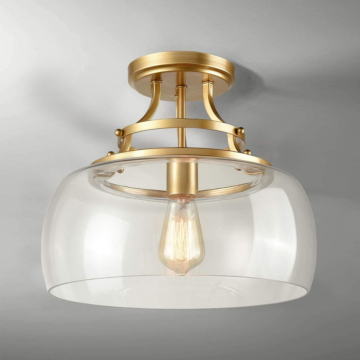 Industrial Brass Finish Clear Glass Semi Flush Mount Ceiling Lights Schoolhouse Ceiling Lighting