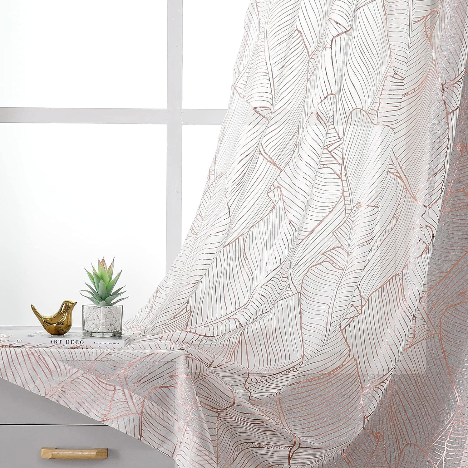 VISIONTEX Sheer Curtains, Luxury Rose Gold Tropical Leaves Gold Foil Print, Metallic Bronzing Hot Stamping Treatment Pair for Christmas Window Decor, Rod Pocket 54 by 84 Inch