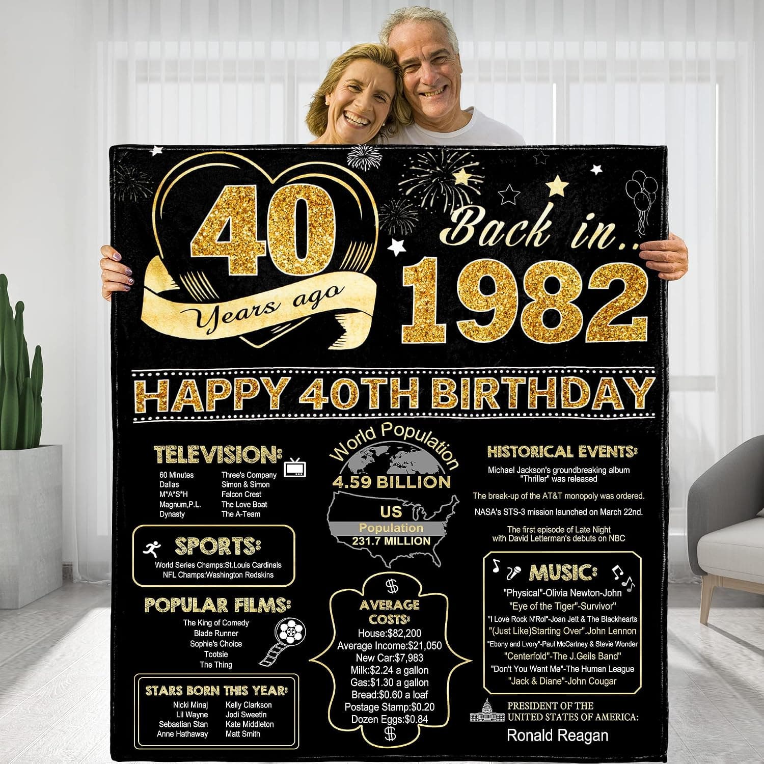 KERAOO 40 Years Ago 40th Birthday Gifts for Men Throw Blanket, Perfect 1982 Anniversary Birthday Gifts Ideas for Husband Dad Grandpa Friends,Gold Blanket Back in 1982 40th Birthday Gifts