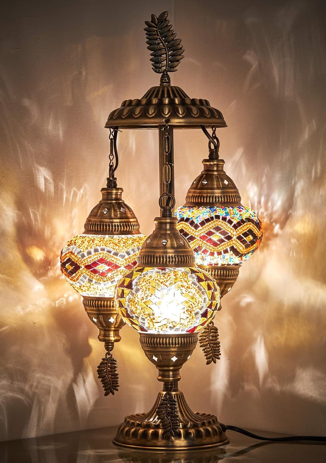 DEMMEX Stunning 3 Globe Turkish Moroccan Bohemian Table Desk Bedside Night Lamp Light Lampshade with North American Plug & Socket, 21 Inches (Turkish Rug)