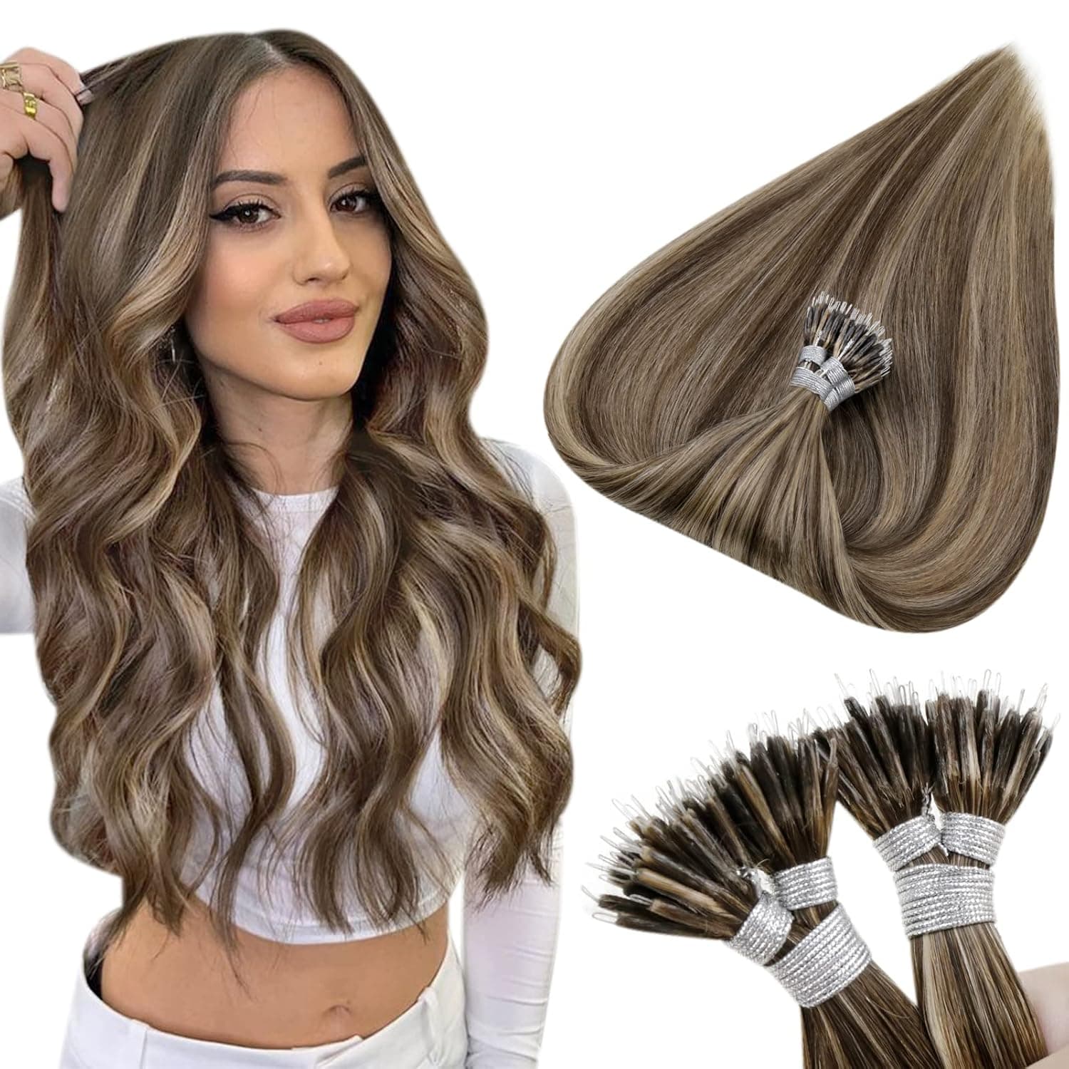 Hetto Nano Tip Extensions Real Human Hair Brown Highlighted Blonde Nano Link Human Hair Extensions Invisible Nano Ring Hair Extensions Human Hair Invisible 18 Inch 50 Strands 50g