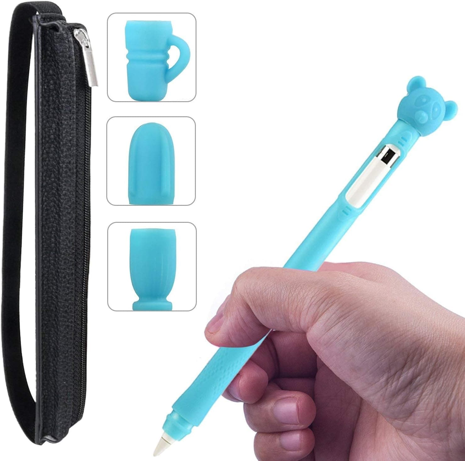 Silicone Sleeve Case for Apple Pencil, Holder Grip with 1 Mini Bear Cap, 3 Cartoon Protective Covers, Zippered Leather Case with Strap Compatible for iPad Pro 9.7 10.5 12.9 - Light Blue