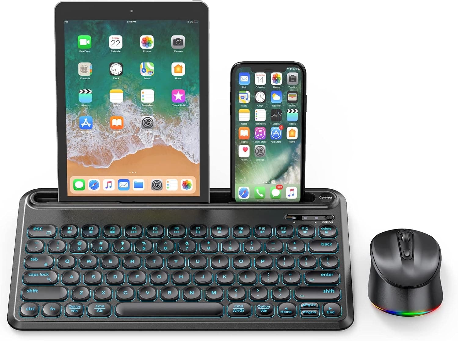 Multi-Device Keyboard and Mouse, Backlit Bluetooth Keyboard Mouse Combo for iPad Tablet Windows Android iOS Mac OS (Black)