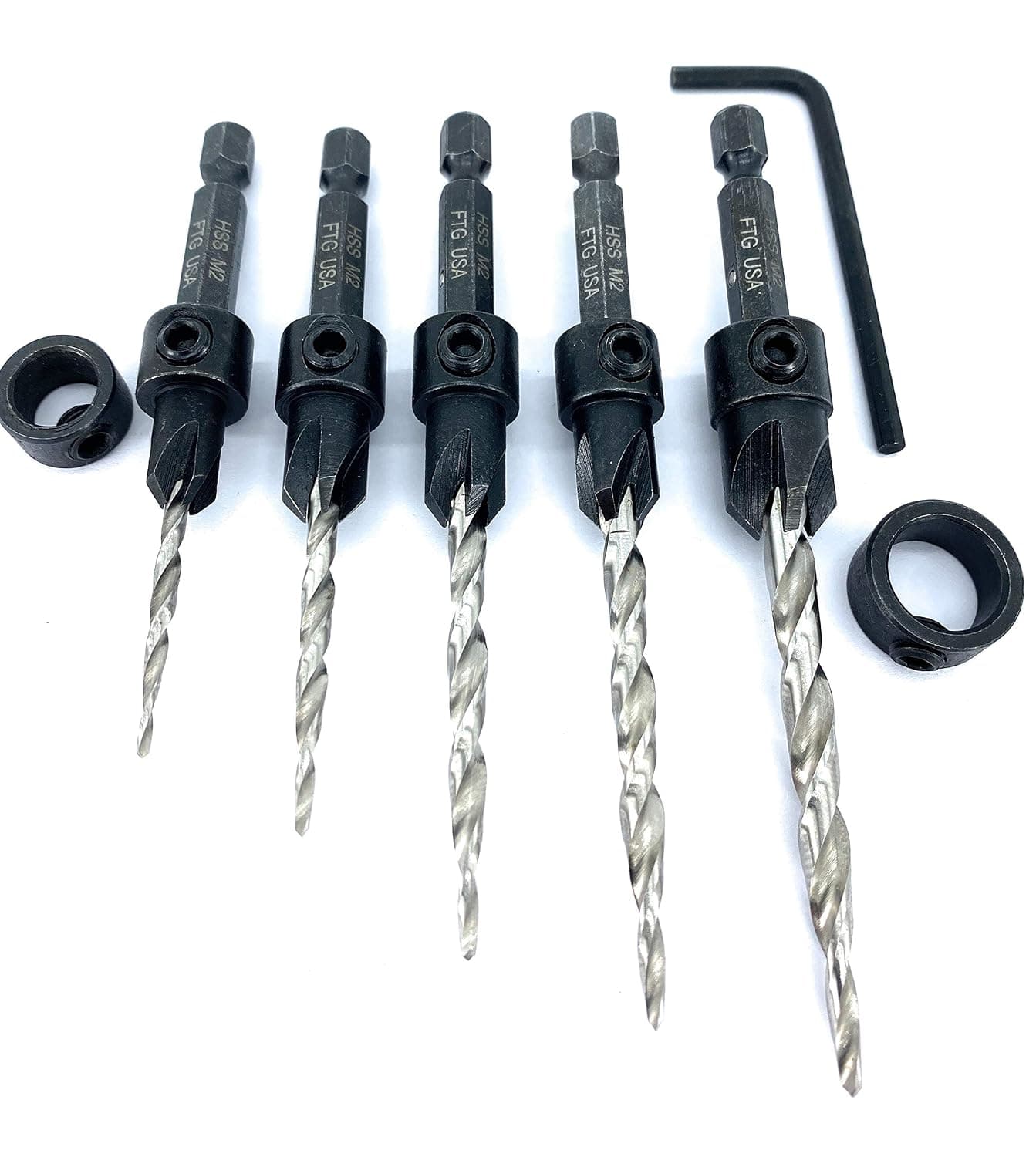 FTG USA Countersink Drill Bit Set 5 Pc Countersink Drill Bit #4#6#8#10#12 with Improved 4 Flute Cutter #45 Carbon Steel, HSS Tapered Drill Bits for Wood, 2 Depth Stop Collars, and 1 Allen Wrench