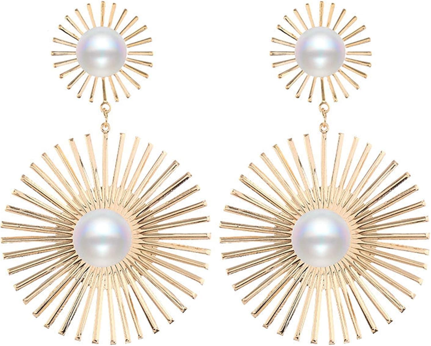 Large Round Geometric Pearl Dangle Earrings Studs Gold Sun Exaggerated Drop Statement Earrings Women Punk Earrings for Girls Vintage Earrings (Gold)