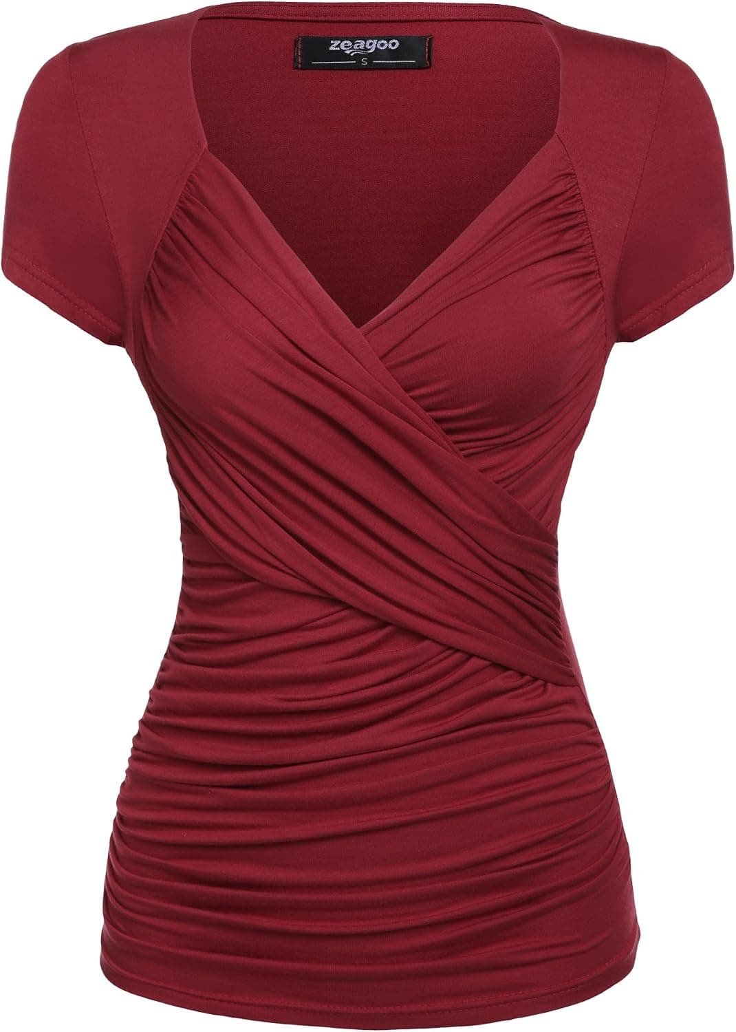 Zeagoo Women's Cross-front V Neck Ruched Blouse Wine Red 2 Medium