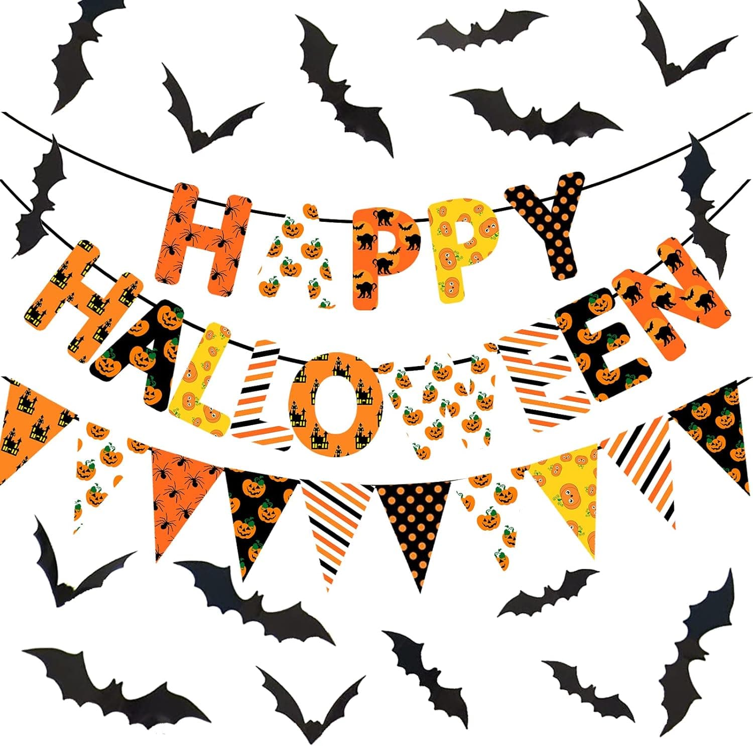 Happy Halloween Party Banner Decorations - 3PCS Happy Halloweem Banner with 12PCS 3D Bat Wall Decals for Halloween Party Decorations Supplies