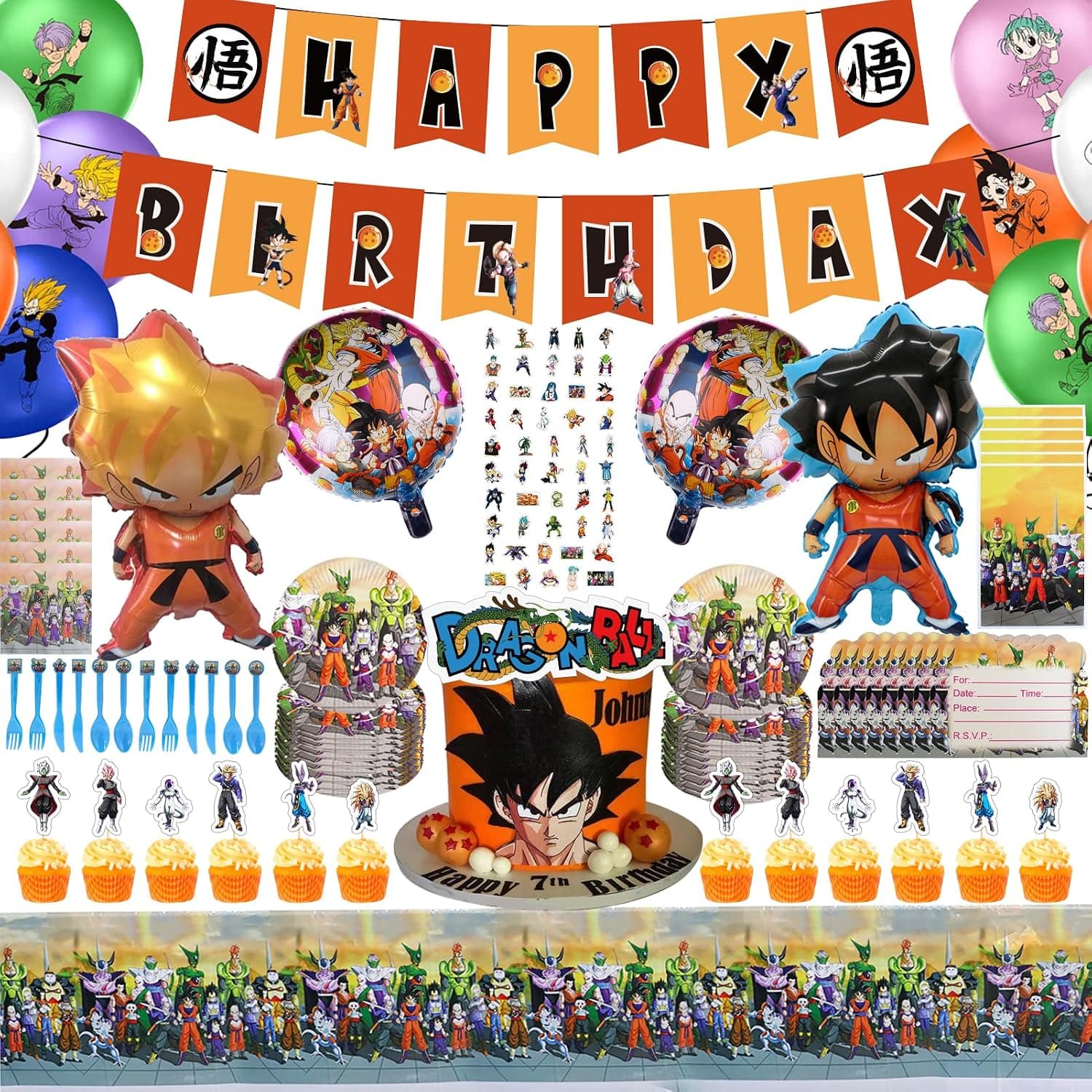 195pcs Anime Theme Birthday Party Decoration Include Birthday Banner,Cake Topper,Cupcake Topper,Latex Balloon,Foil Balloon，Knife,Fork,Spoon,Dinner Plate,Napkin,Tablecloth,Sticker,Invitation Card,Goody Bag,Party Supplies for Kids.