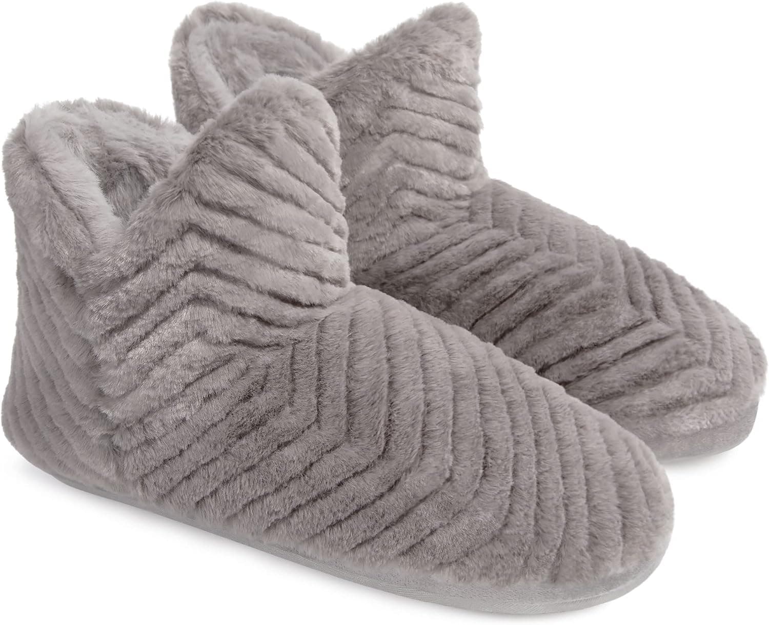 shoeslocker Womens Fuzzy Slipper Booties Memory Foam Bedroom Bootie House Slipper Indoor Outdoor Grey Size 7-8