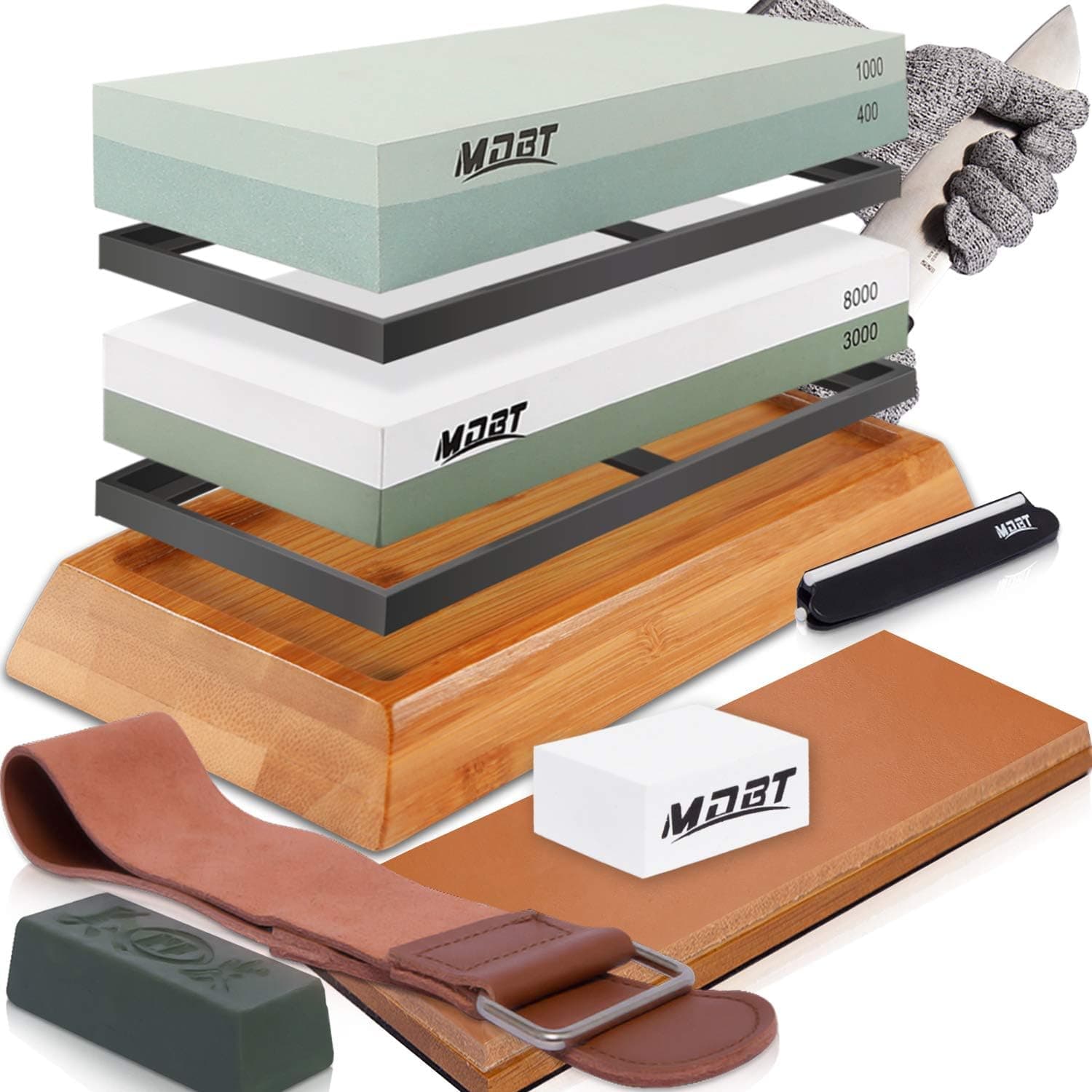MDBT Knife Sharpening Stone Kit Whetstone Sharpener Stone Set Knife Sharpening Stone Set - Premium 400/1000 3000/8000 Grit Water Stone with Flatting Stone, Non-slip Bamboo Base, Angle Guide