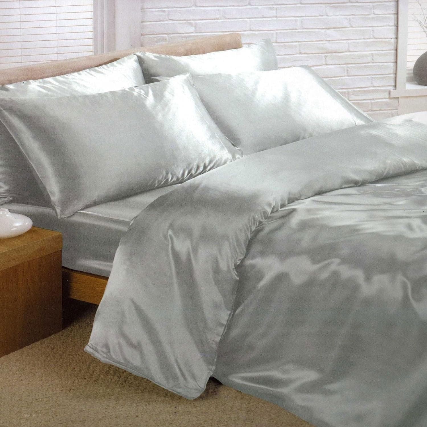 Home Textiles Silver Satin Single/US Twin Size Duvet Cover, Fitted Sheet and 2 Pillowcases Bedding