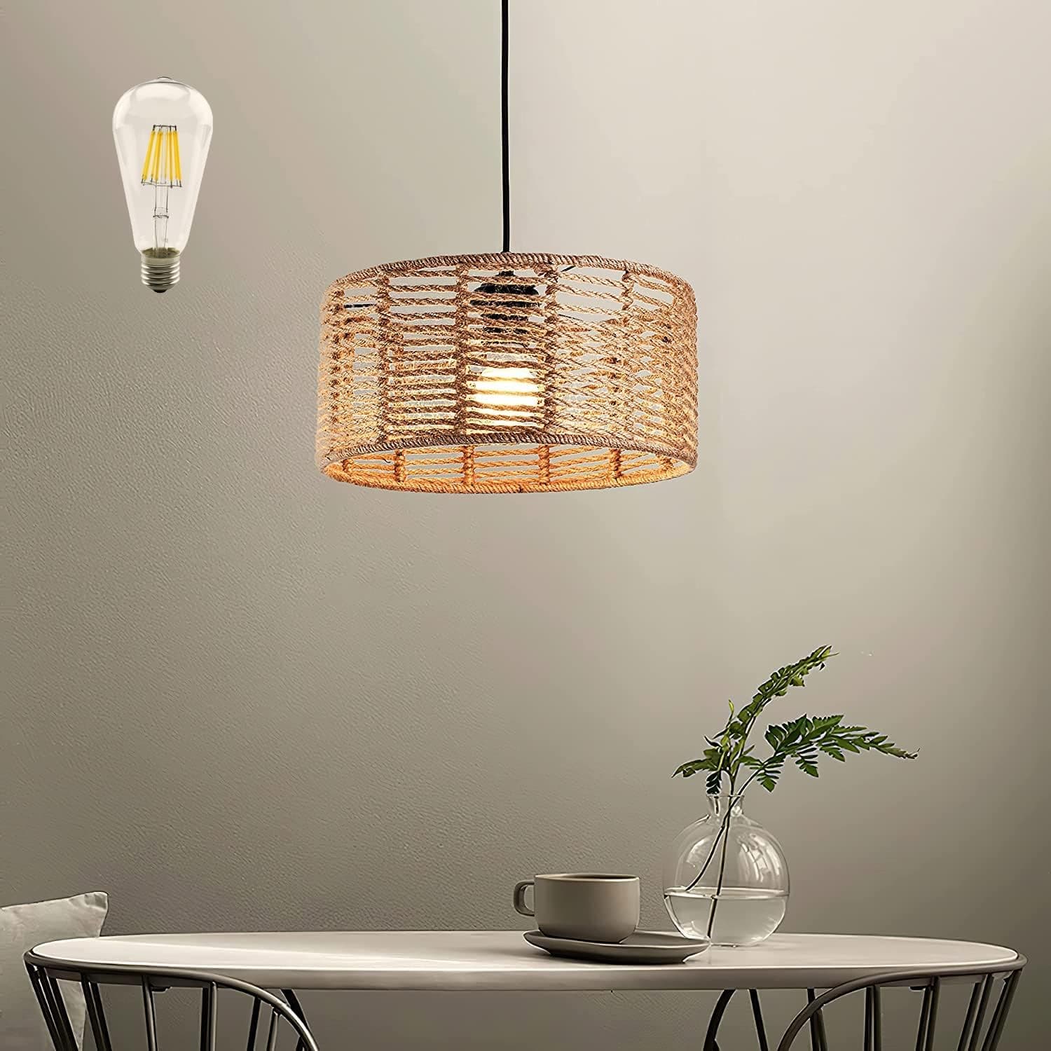 AyshwillDec Woven Pendant Light Boho Chandelier Drum Rustic Farmhouse Chandelier Hemp Rope Light Rattan Light Fixture for Dining Room Living Room Bedroom Kitchen Foyer(Bulb Included)