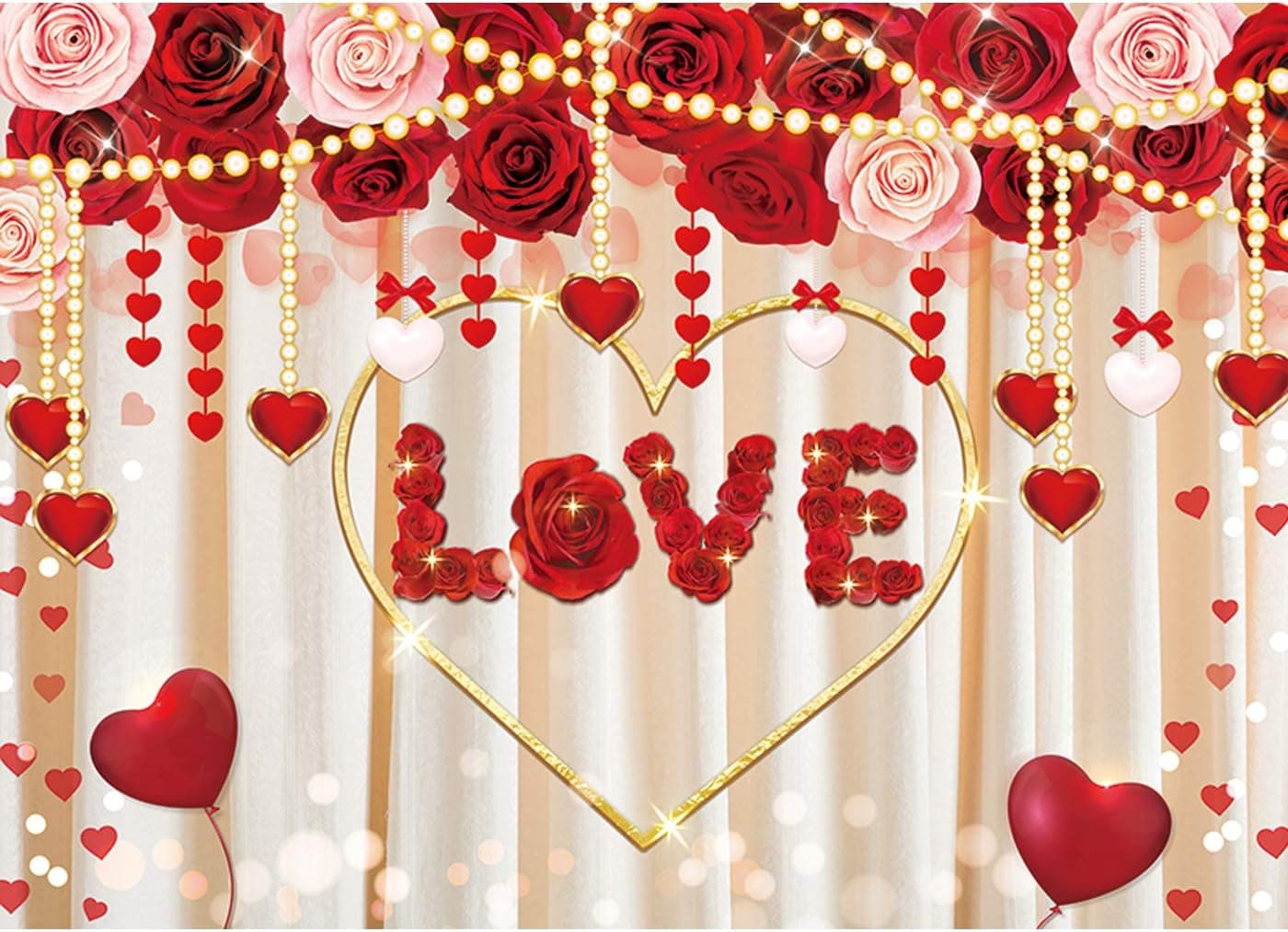 Maijoeyy 7x5ft Red Rose Valentine Day Backdrop Pink Flower Valentine Day Backdrops for Women Golden Heart Valentine Day Girls Backdrops for Photography