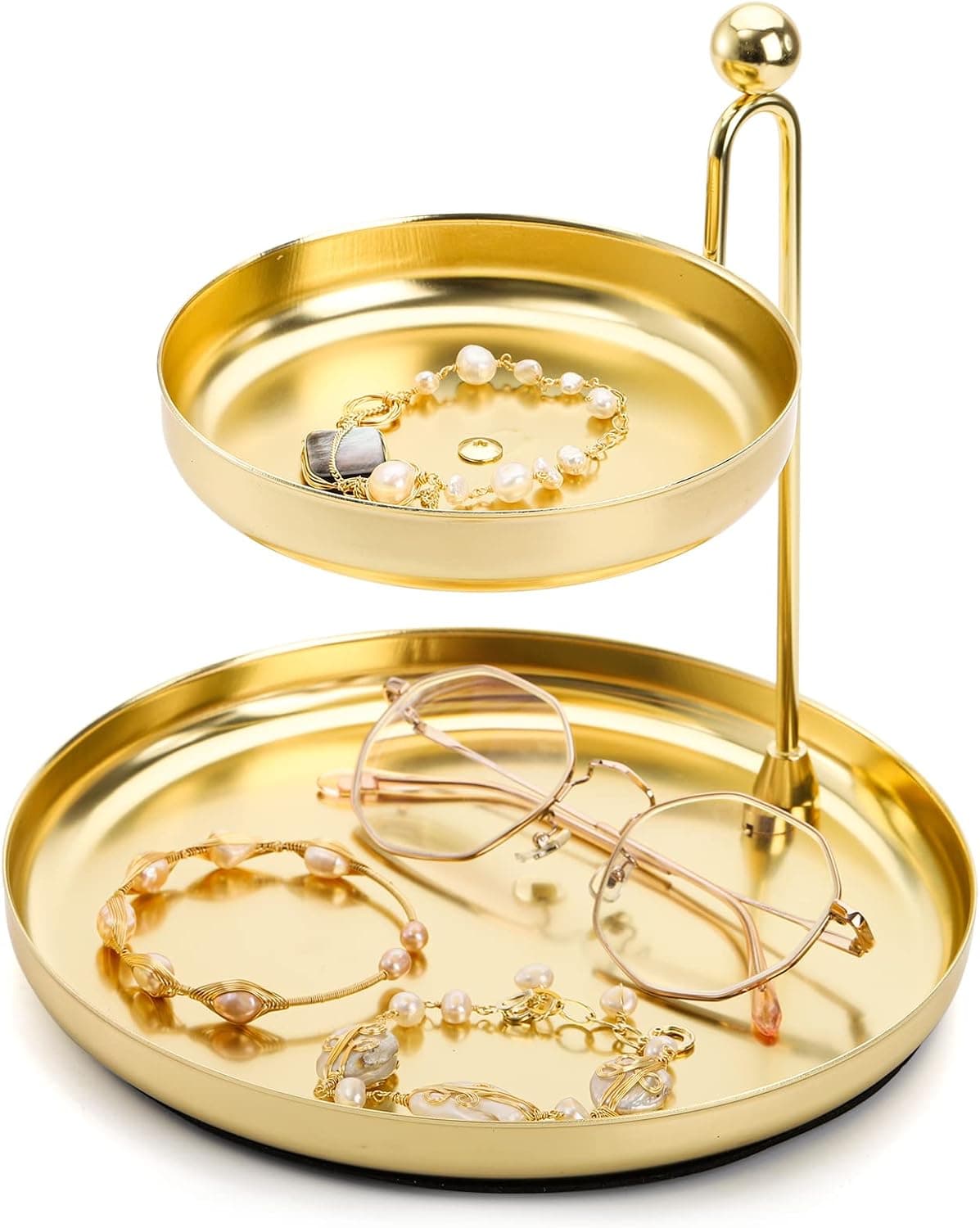 YOUEON 2-Tier Jewelry Tray, Double Jewelry Tray, Bathroom Vanity Tray, Tiered Jewelry Organizer, Gold Tray for Earrings, Necklaces, Bracelets, Watches, Keys, Trinkets and More, Nordic Style