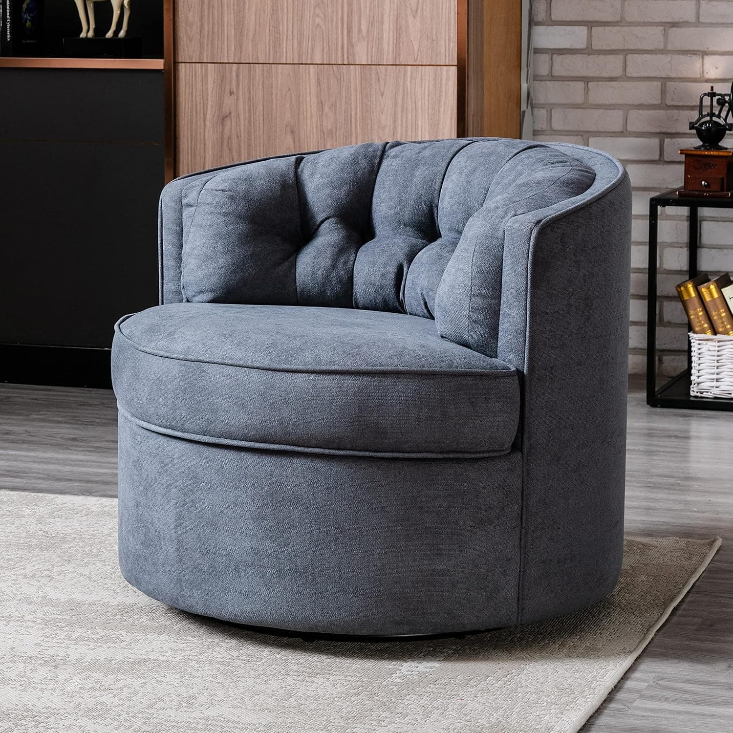 Merax 33” Wide 360-Degree Swivel Round Barrel Chair, Comfy Tufted Back Fabric Accent Leisure Chair for Bedroom, Living Room, Hotel, Grey