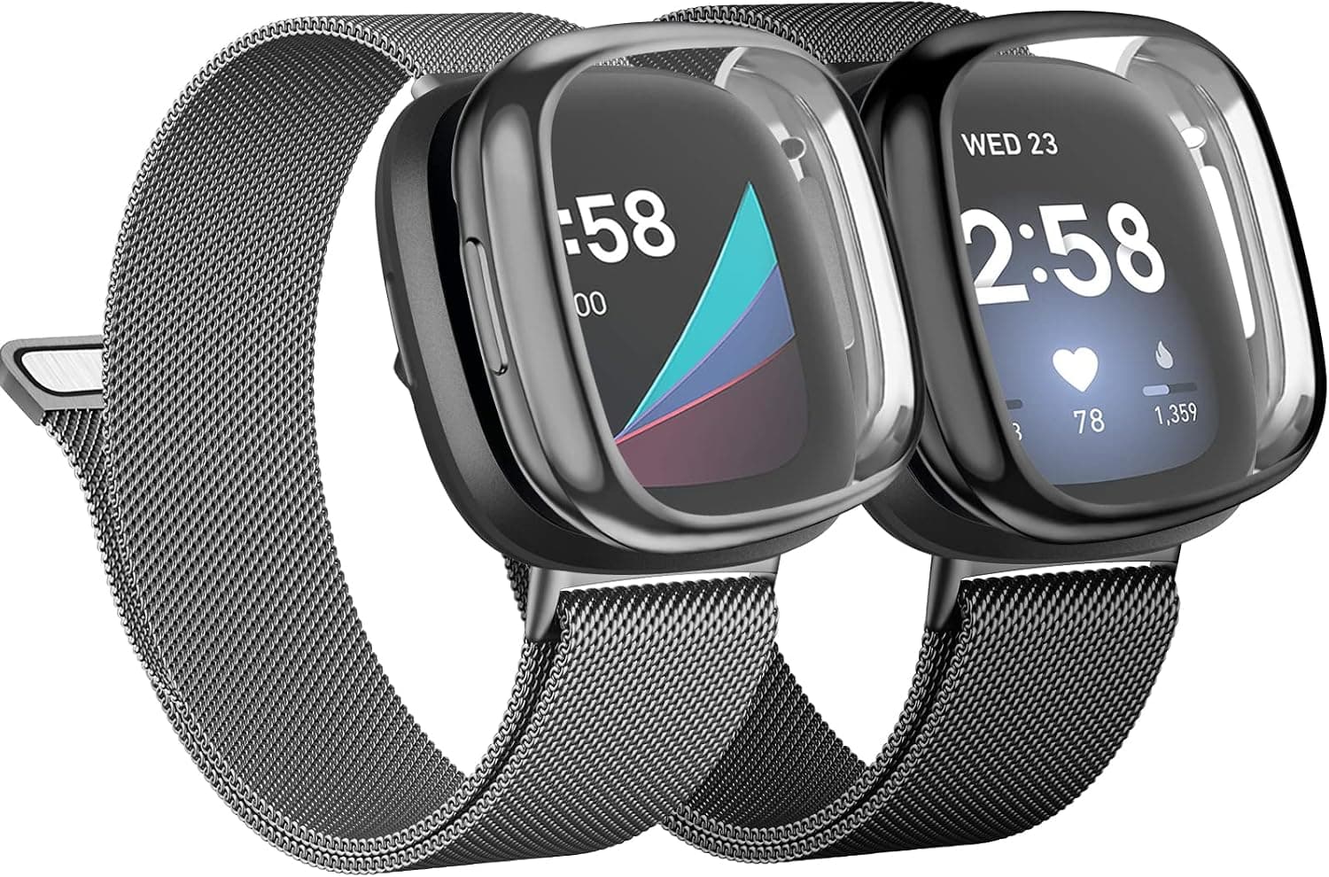 Tobfit [2 Pack] Metal Bands Compatible with Fitbit Versa 3 / Fitbit Sense, with [2 x TPU Screen Protector Case] Stainless Steel Adjustable Magnetic Wristbands (Black & Graphite, Large)