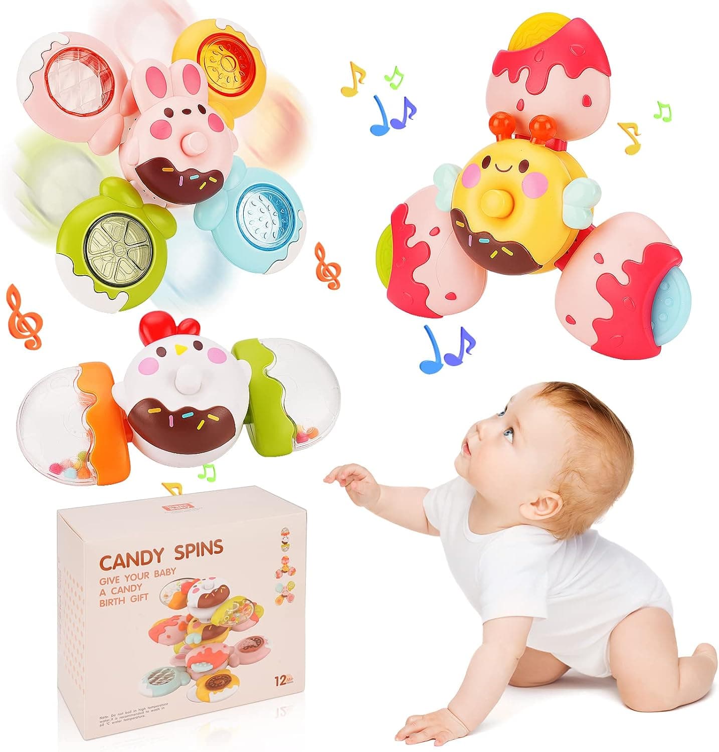 WIOR 12PCS Suction Cup Spinner Toys, Animal Spinning Top Baby Toys, DIY Candy Spinning Top Sensory Toys Detachable Window Suction Toys Birthday for Baby Boy Girl