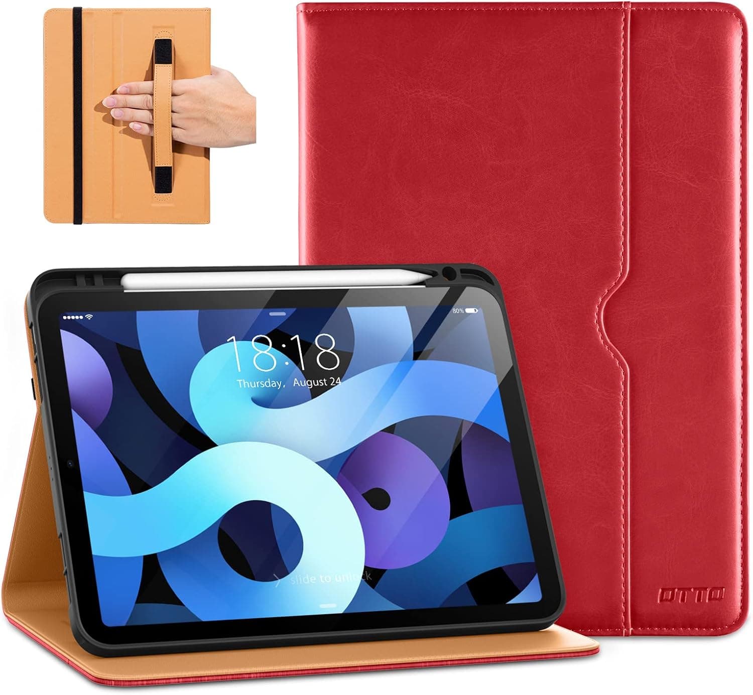 DTTO for iPad Air 5th/4th Generation 10.9 inch Case 2022/2020, Premium Leather Business Folio Stand Cover with Pencil Holder, Also fit iPad Pro 11 inch 2021/2020/2018(1st/2nd/3rd Gen), Red