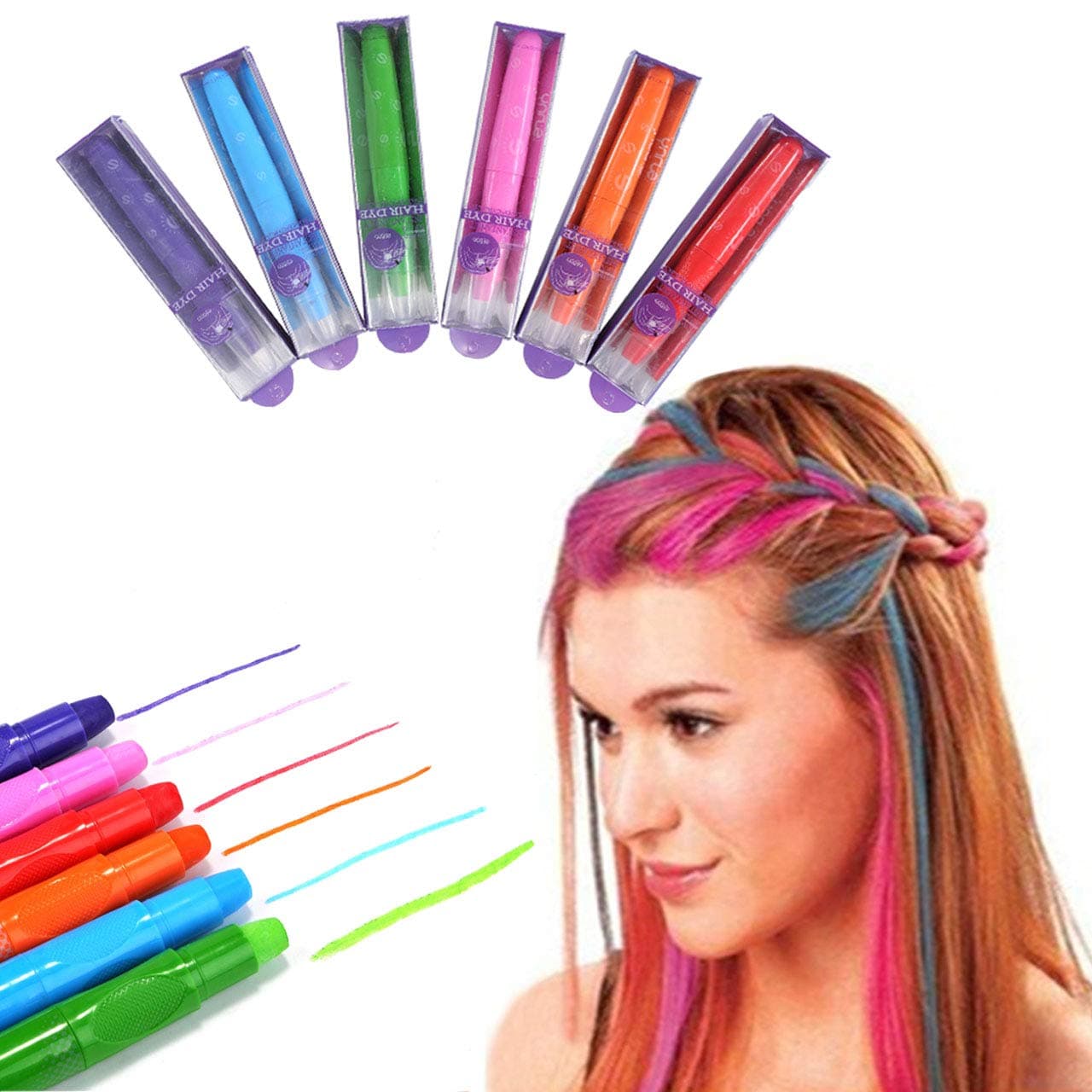 CCbeauty Hair Chalk Set Non-Toxic Washable Temporary Hair Color Hair Chalk Pens for Hair Dye (6 color set)