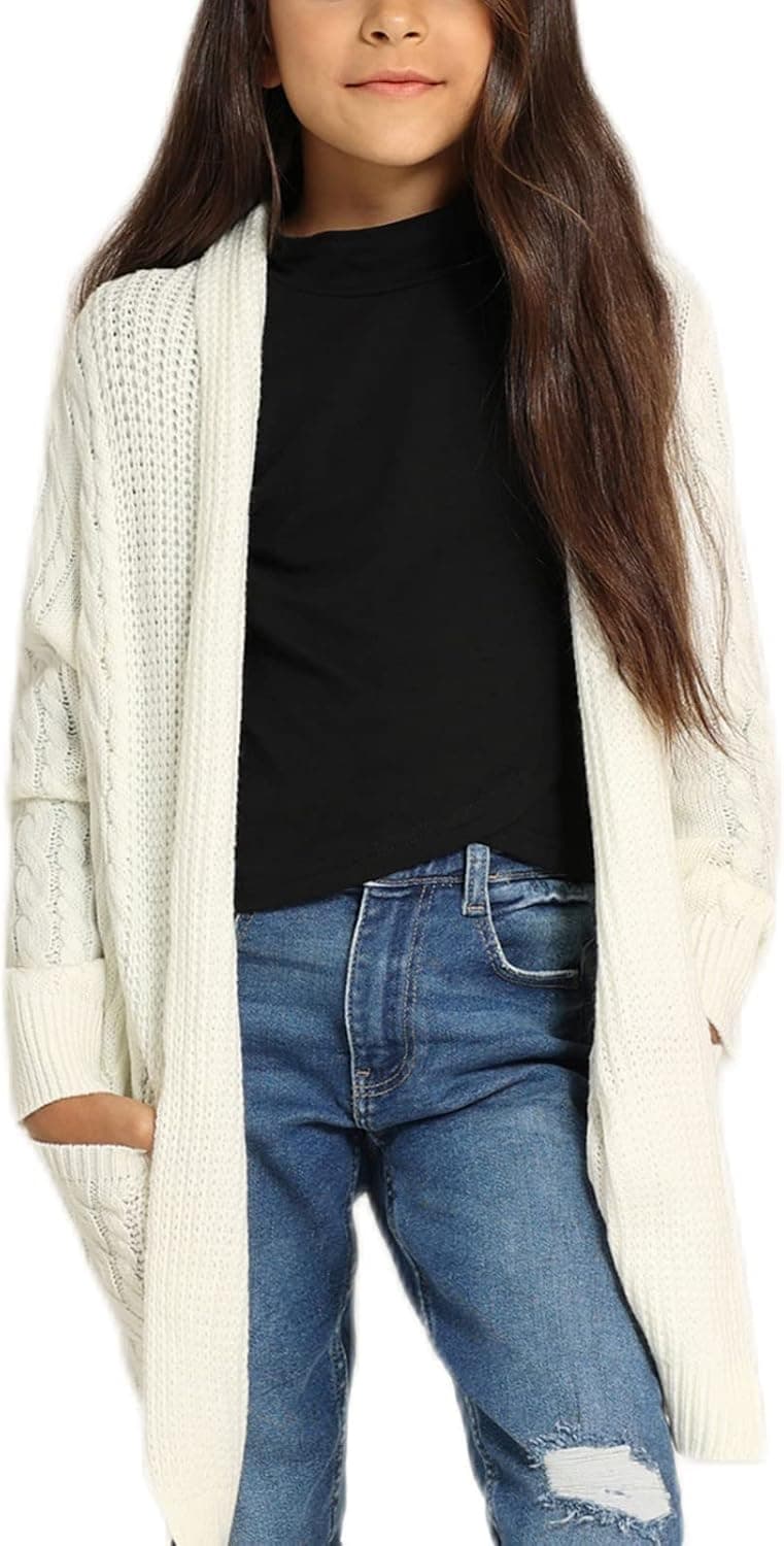 Danna Belle Girls Sweater Open Front Long Cardigans Chunky Cable Knit Jumper with Pockets 6-14