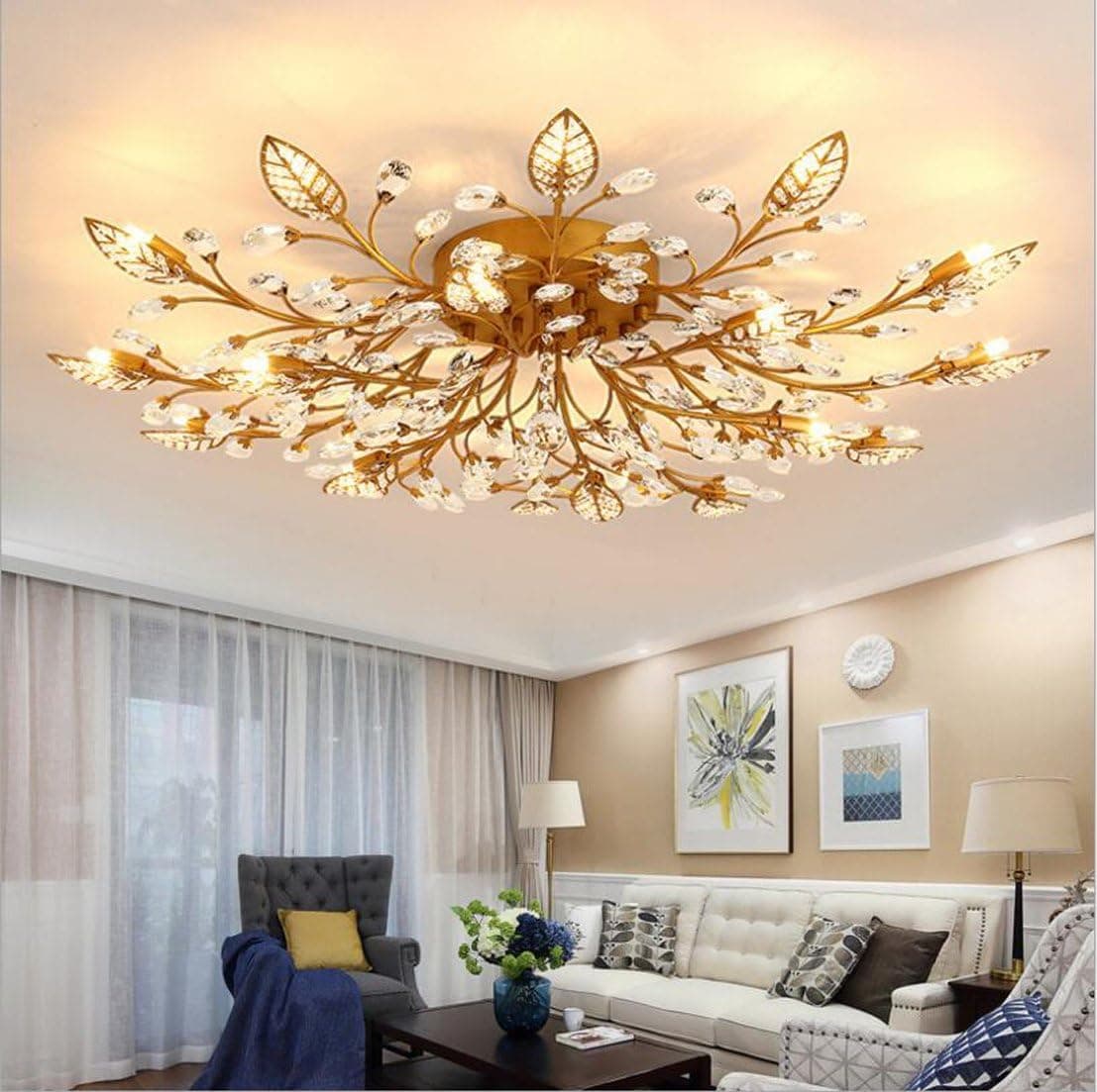 DIY Family®Modern Crystal LED Ceiling Lamp，Leaf Flush Mount Ceiling Light Fixture Decorative Crystal Chandelier for Dining Room Bedroom Livingroom Pendant Light(21-Head) Gold