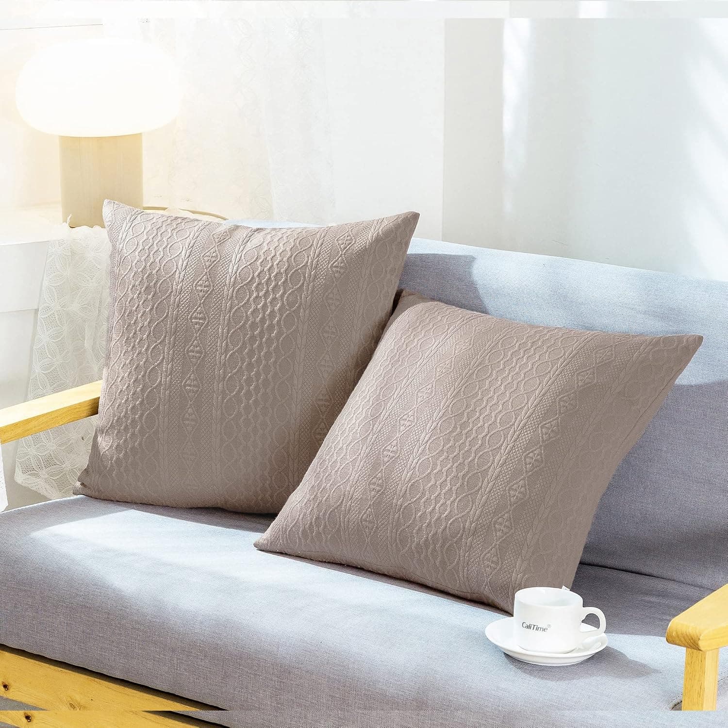 CaliTime Throw Pillow Cases Pack of 2 Super Soft Knitted Weave 3D Geometric Embossed Patterned Cushion Covers for Couch Sofa Home Farmhouse Decoration 22 X 22 Inches Taupe