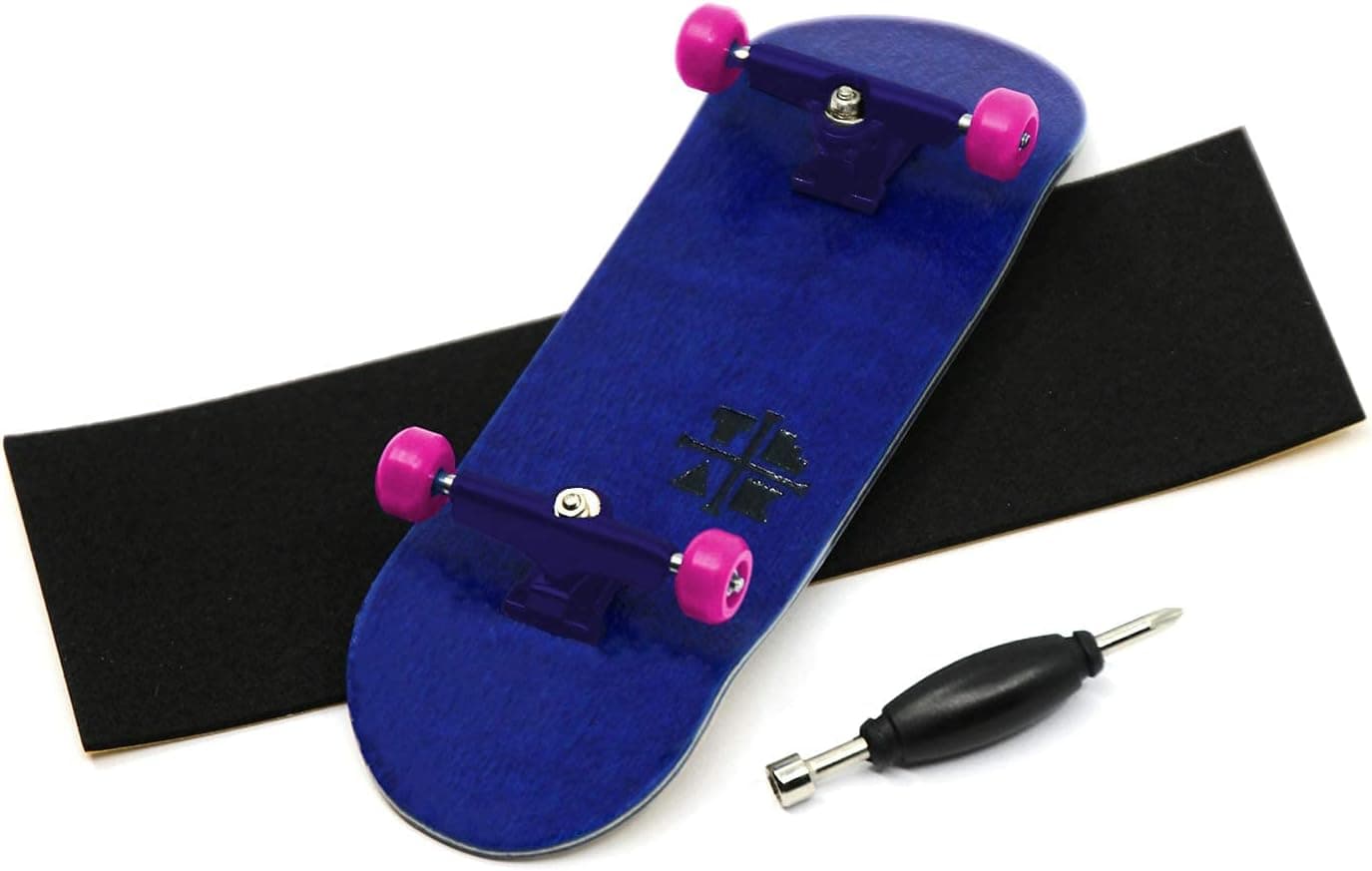 Teak Tuning Prolific Complete Fingerboard with Upgraded Components - Pro Board Shape and Size, Bearing Wheels, and Trucks - 32mm x 97mm Handmade Wooden Board - Blue & Pink Edition