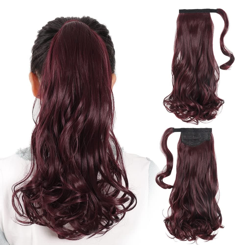 Ponytail Extensions NJJYXH 16 Inch Curly Wavy Clip Wrap Around Pony Tails Hair Extension Fluffy&not Tangled Synthetic Ponytail Hairpieces for Women（Wine Red）